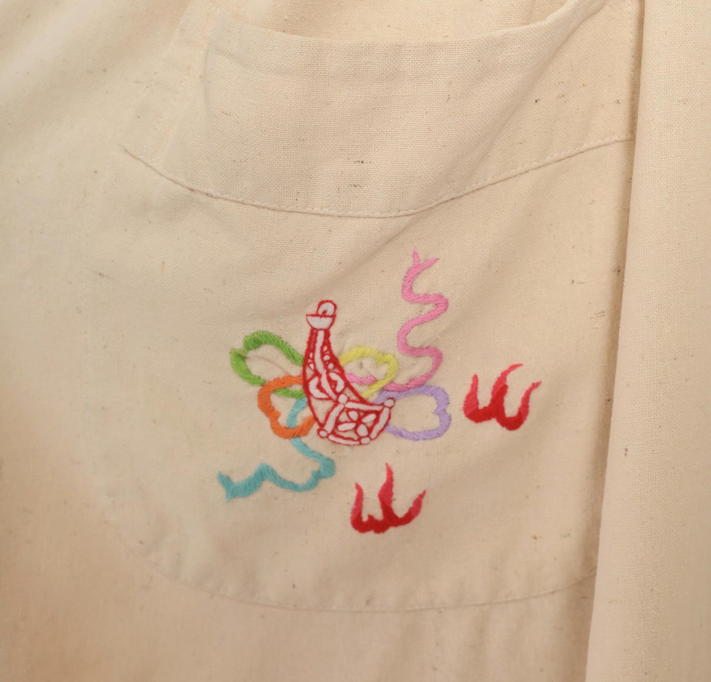 80s Health Silk Kimono Robe Dragon Embroidered Cream Midi Extra Large