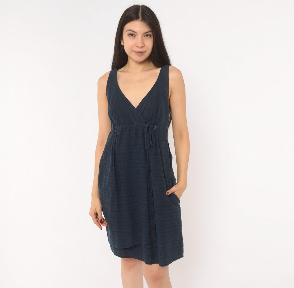 2000s Patagonia Hemp Wrap Dress Navy V-Neck A-Line Mini Small S
