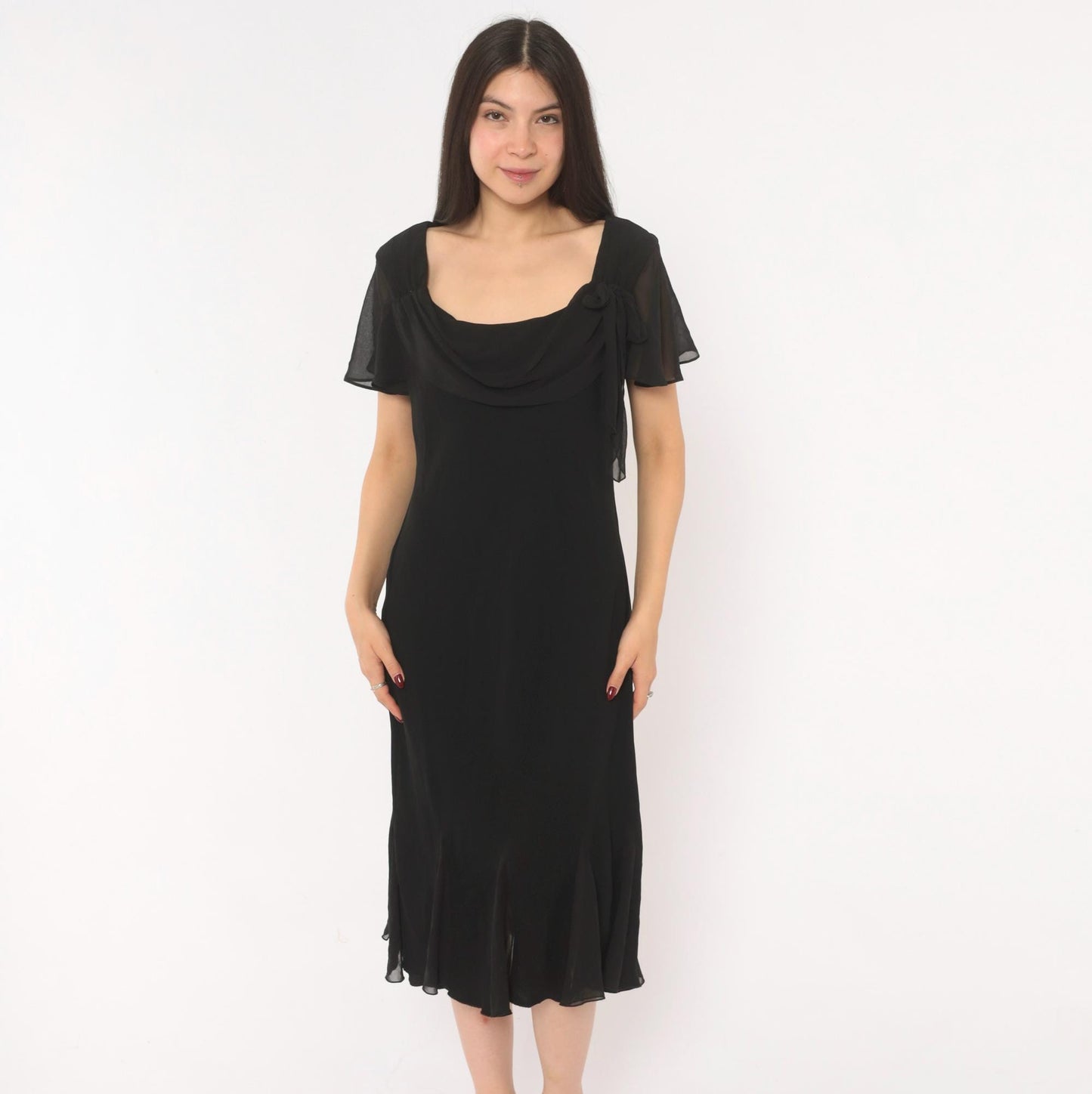 90s SL Fashions Black Chiffon Midi Dress Cowl Neck Flutter Sleeve Large