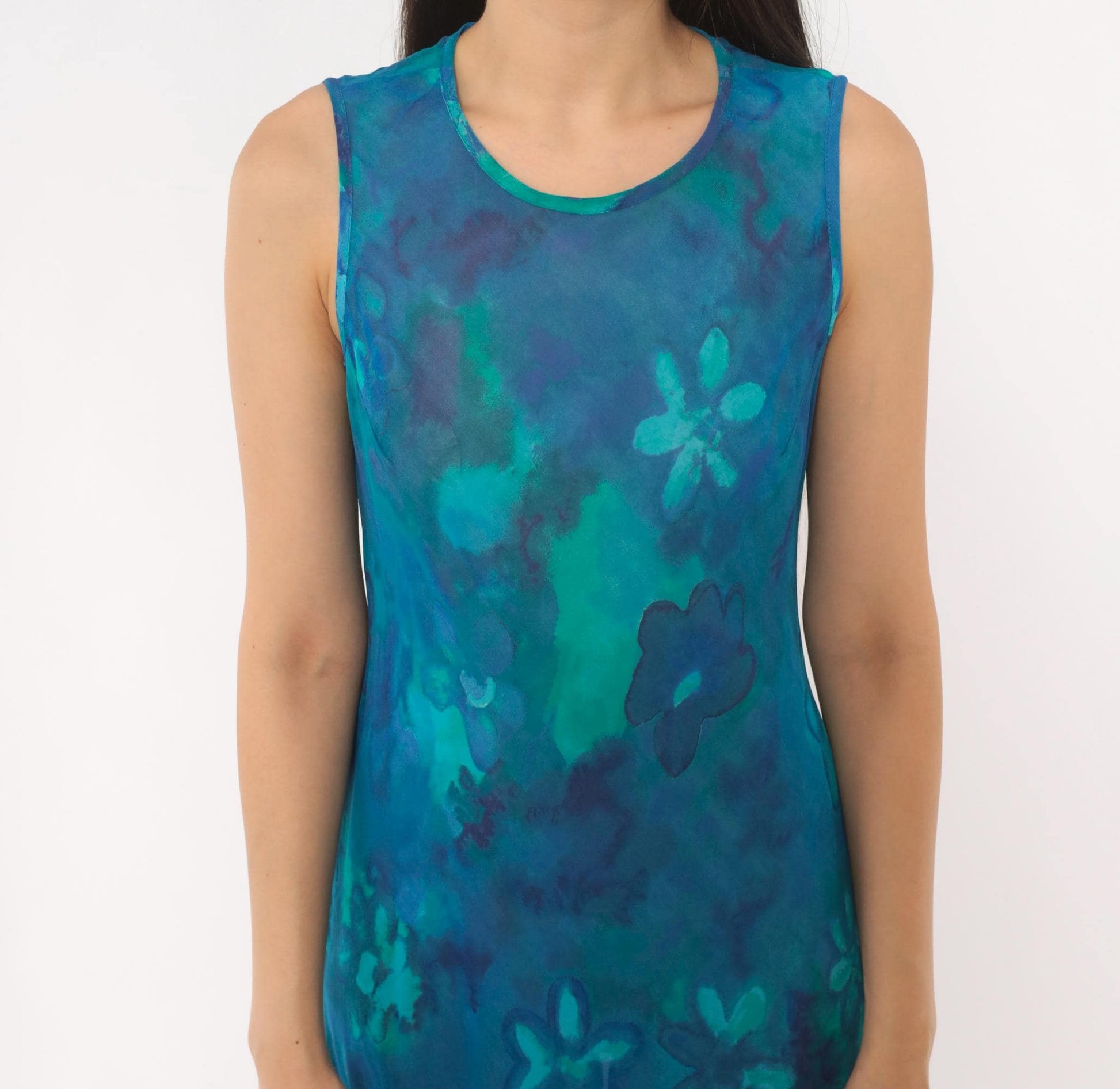 90s Mica Floral Maxi Dress Blue Teal Watercolor Chiffon Sleeveless Small S