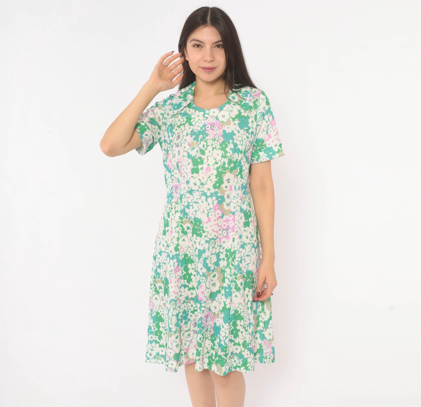 70s Psychedelic Floral A-Line Dress Green Pink White Scoop Collar Knee Medium