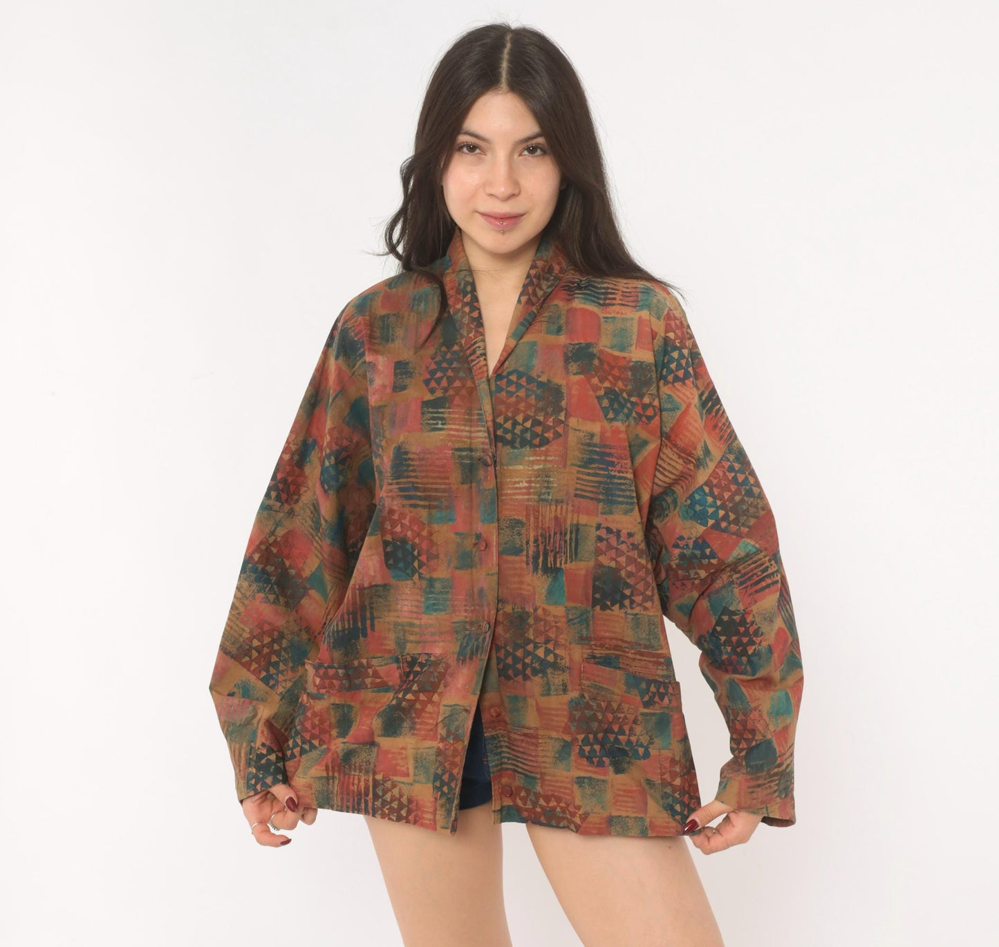 Y2K Abstract Geometric Blazer Shawl Collar Patchwork Rust Teal Medium M