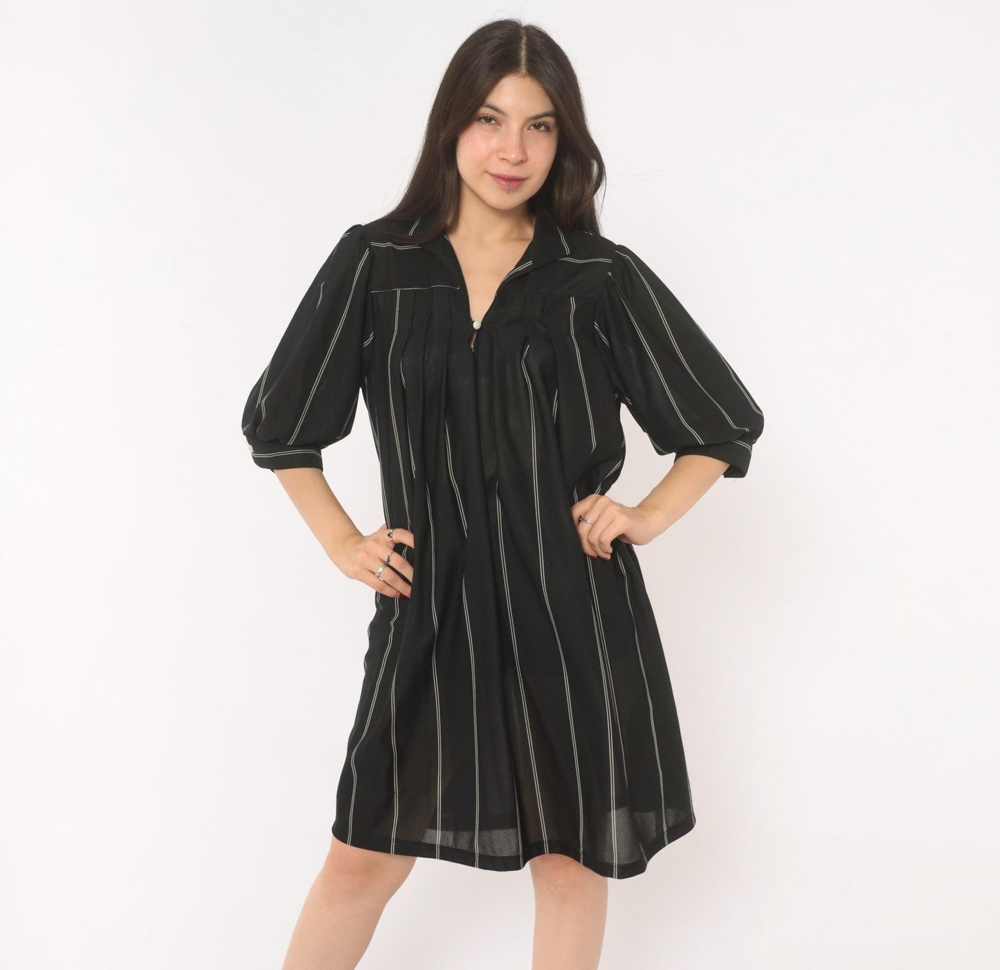 70s Black Pinstripe Shirt Dress Knee-Length Collared Button Front Medium