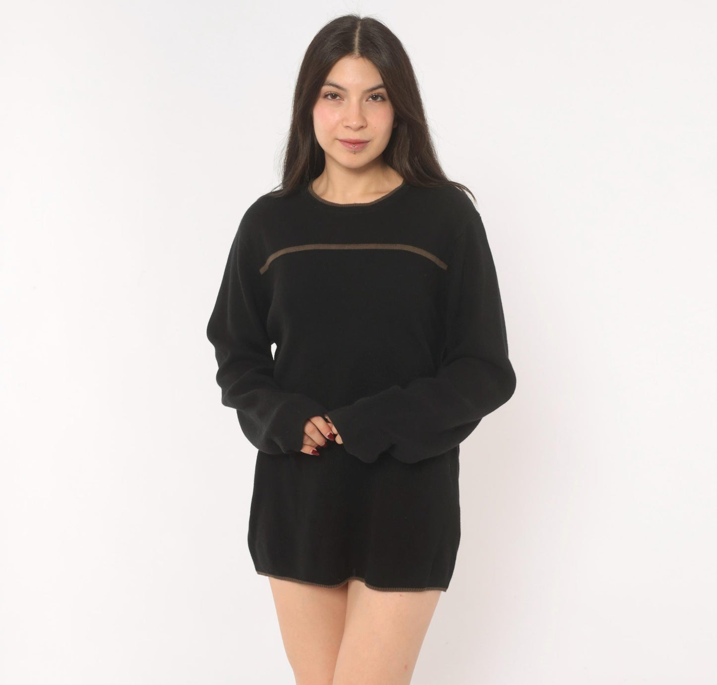 90s Reunion Black Knit Sweater Tan Stripe Crewneck Medium
