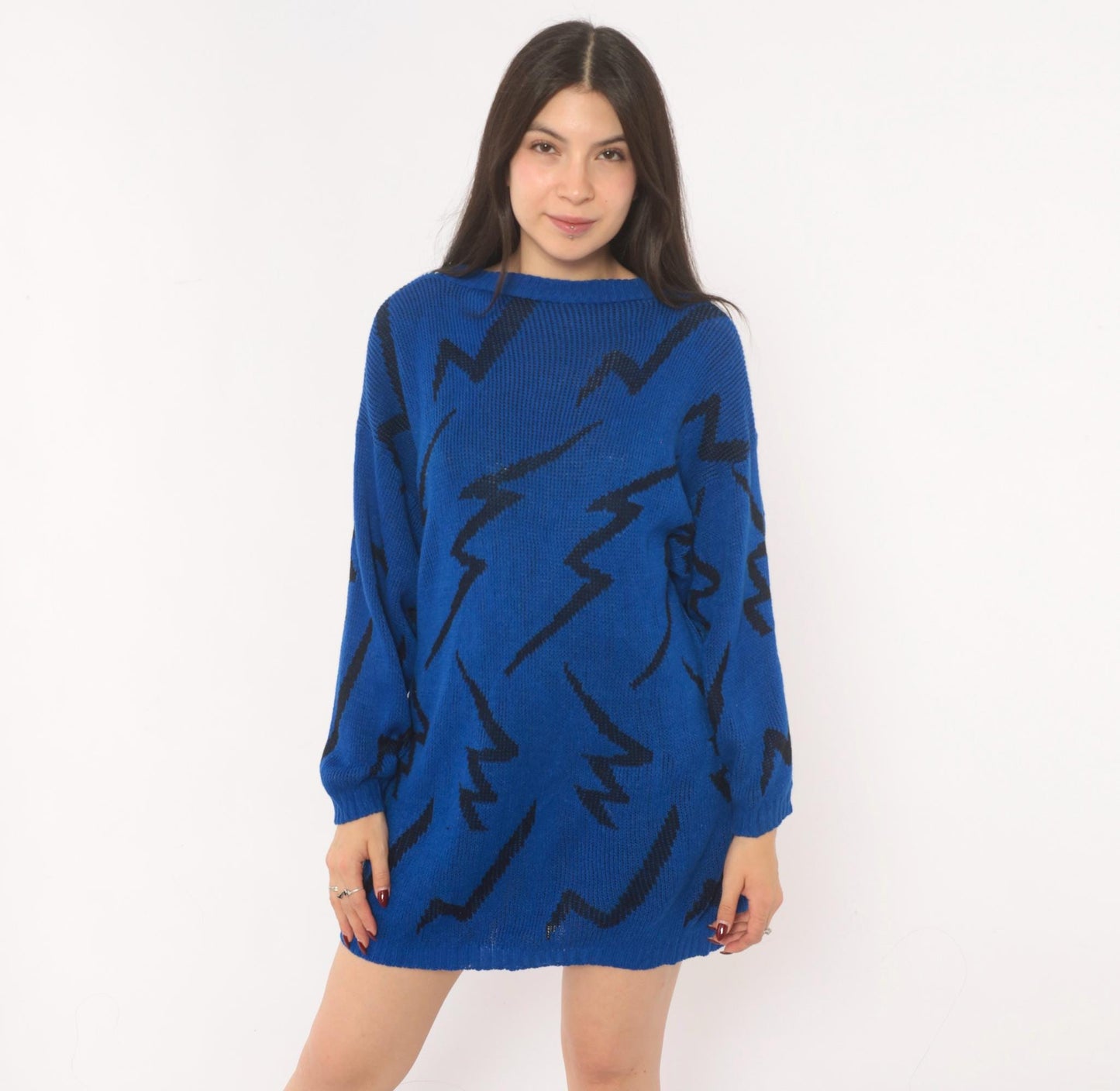80s Cobalt Blue Lightning Bolt Knit Pullover Black Zigzag Crewneck Medium