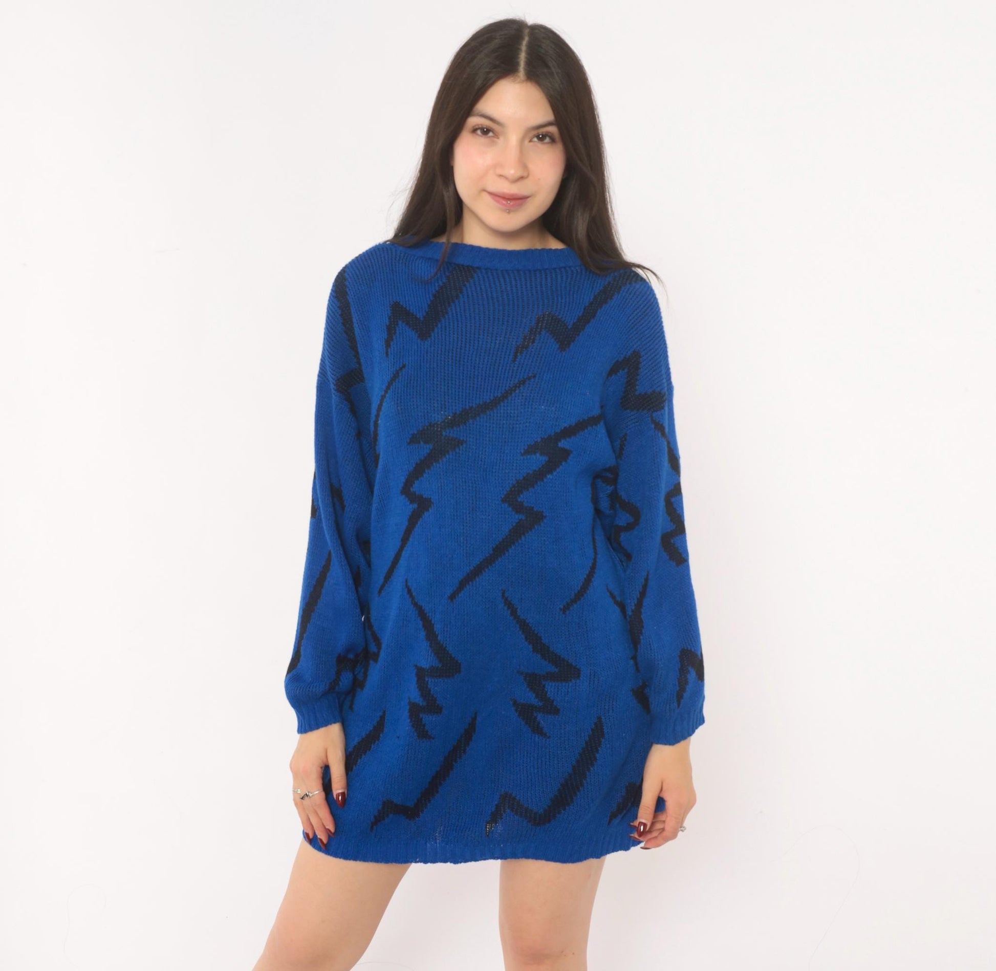 80s Cobalt Blue Lightning Bolt Knit Pullover Black Zigzag Crewneck Medium