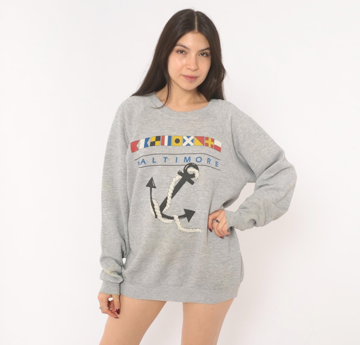 90s Fruit Of The Loom Baltimore Nautical Anchor Sweatshirt Grey Heather Extra Large