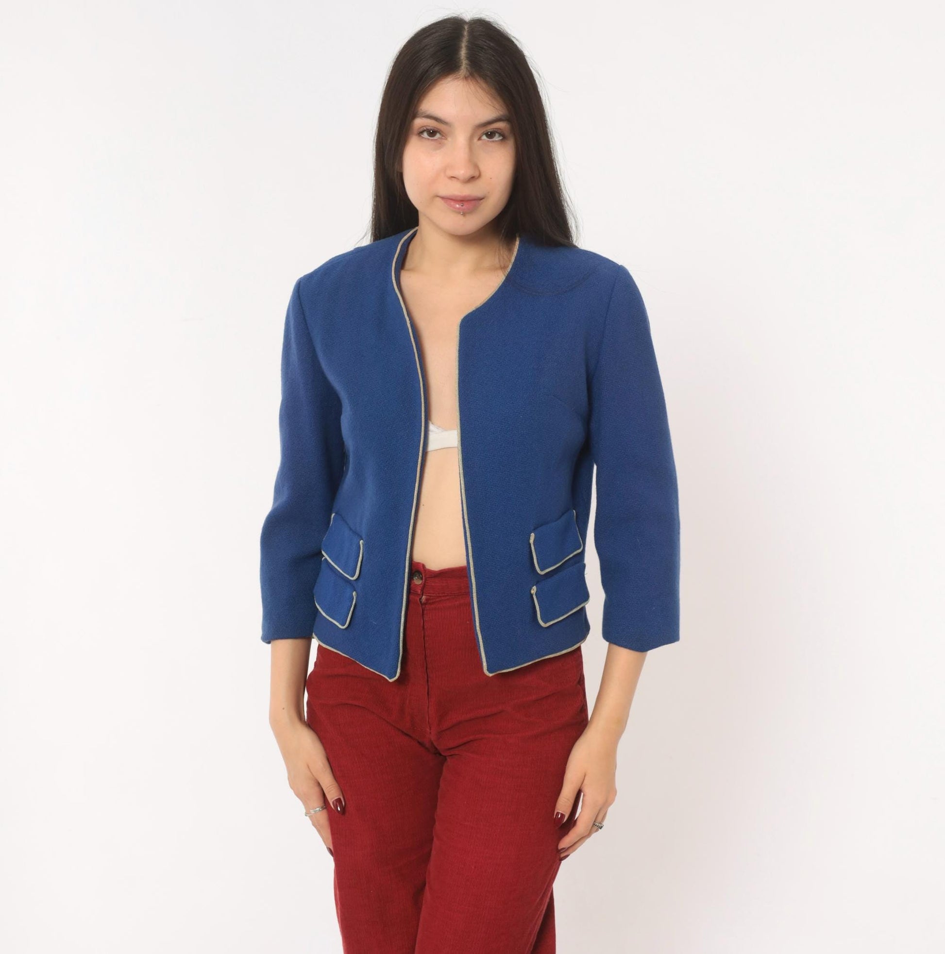 60s Cobalt Wool Blazer Cropped Jacket Cream Piping Three Quarter Sleeve Small S