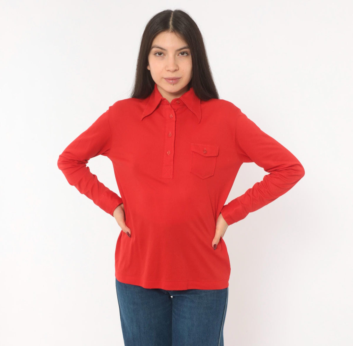 70s K Mart Red Polo Shirt Pointed Collar Long Sleeve Chest Pocket Medium