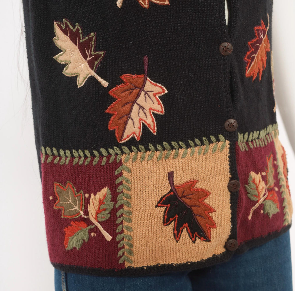 90s Black Knit Vest Autumn Leaves Appliqué Button Front Patchwork Medium M
