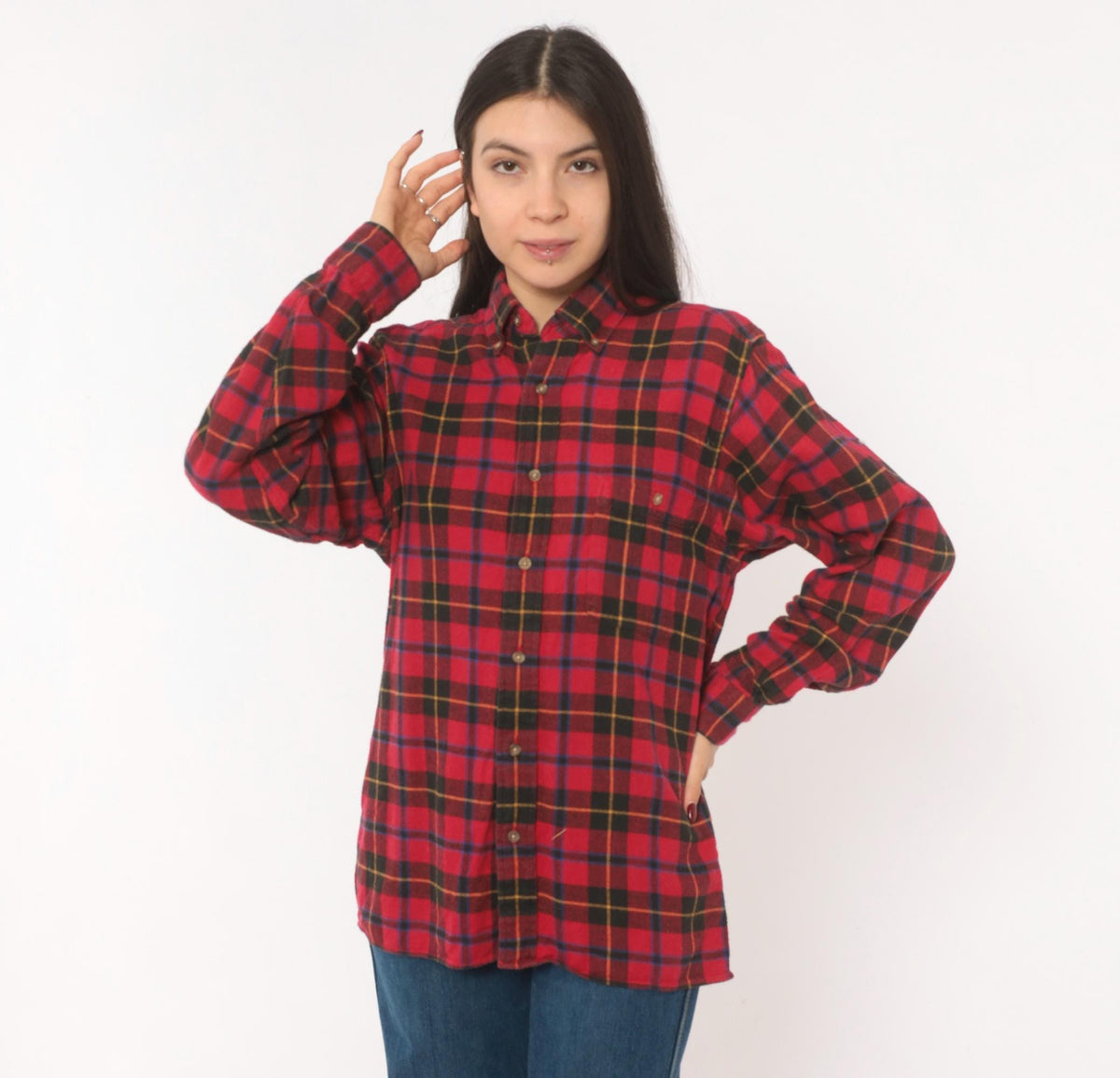 90s High Sierra Plaid Flannel Shirt Red Black Tartan Cotton Small