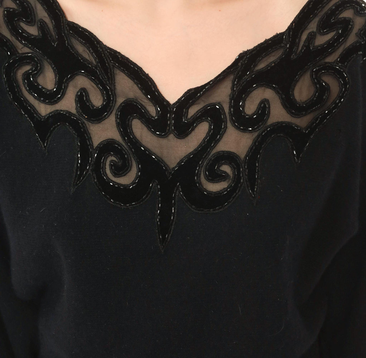 80s Sunbow 2 Black Beaded Mesh V-Neck Angora Pullover Dolman Sleeve Medium