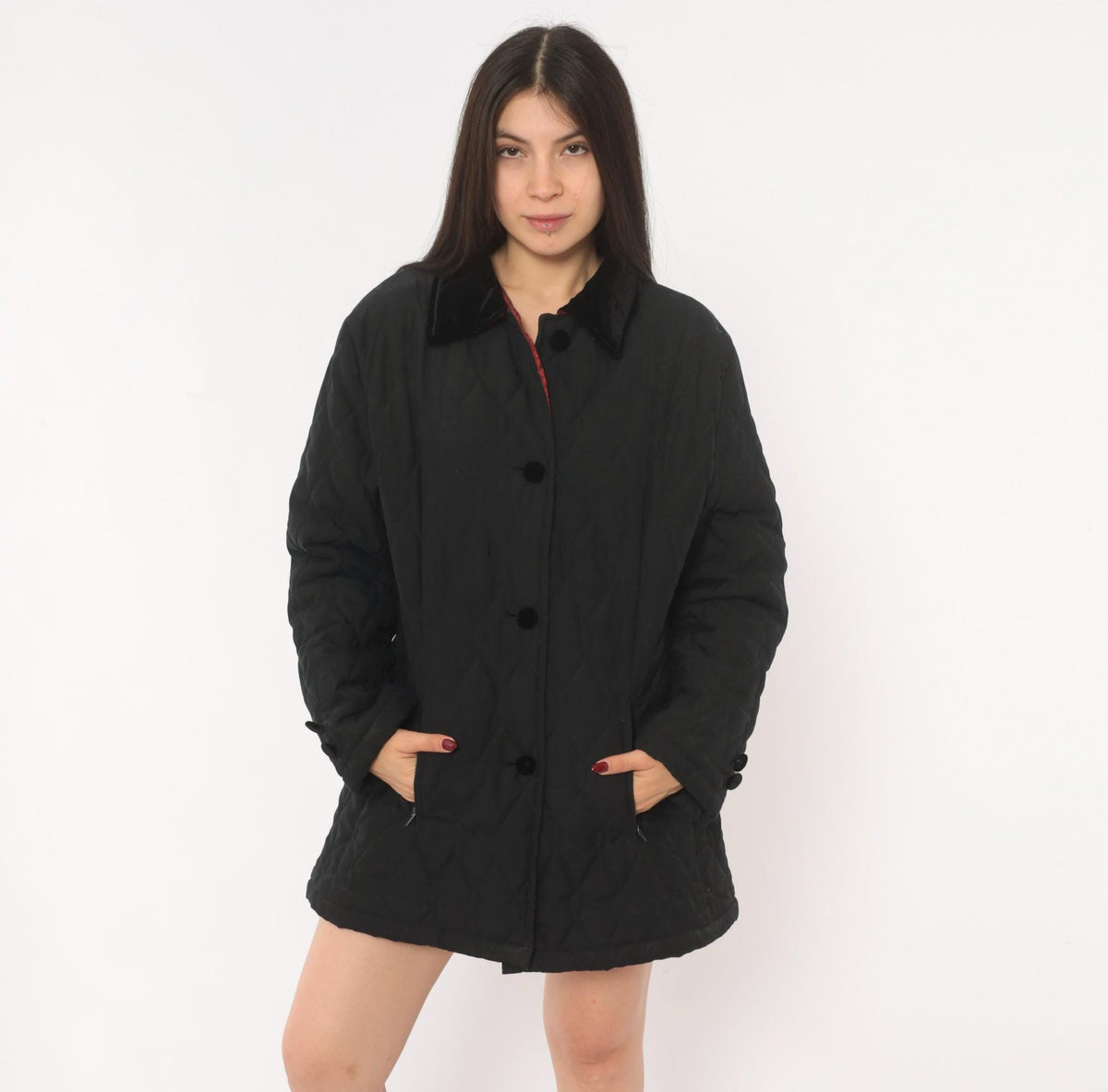 90s Halston Sport Black Quilted Jacket Diamond Stitch Velvet Collar Medium M