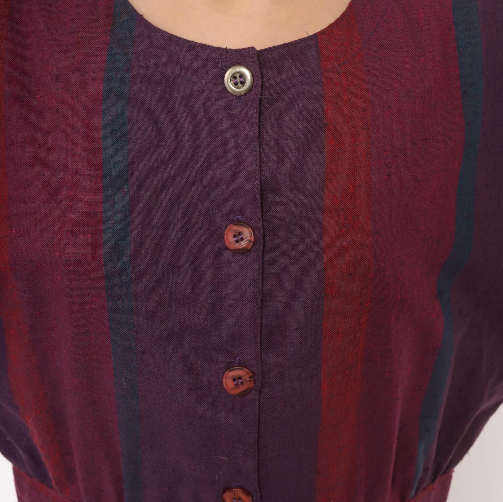 80s David Warren Plaid Midi Dress Purple Burgundy Puff Sleeve Cotton Large L