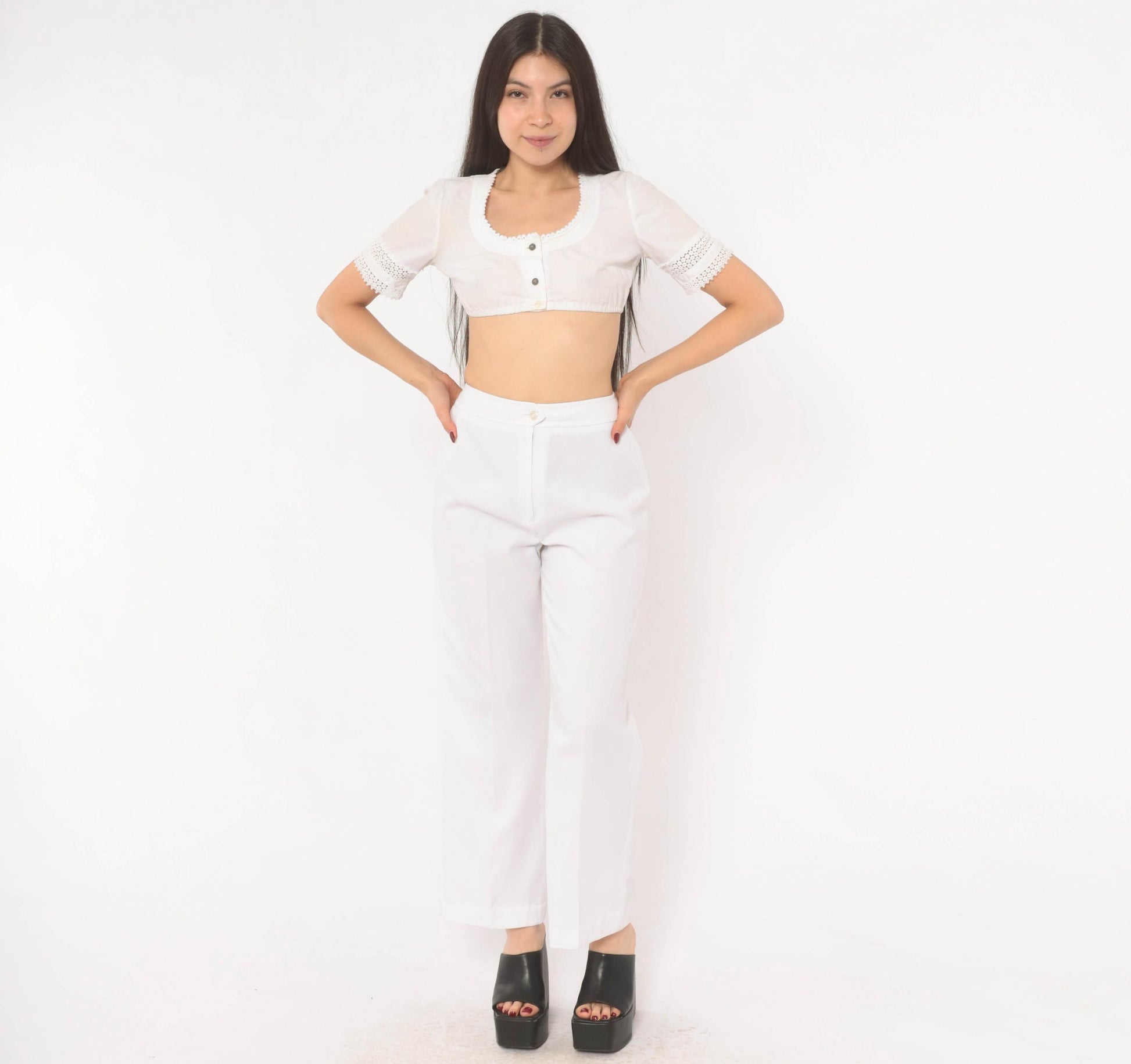 70s White Wide Leg High Rise Trousers Ivory Straight Pressed Crease Small