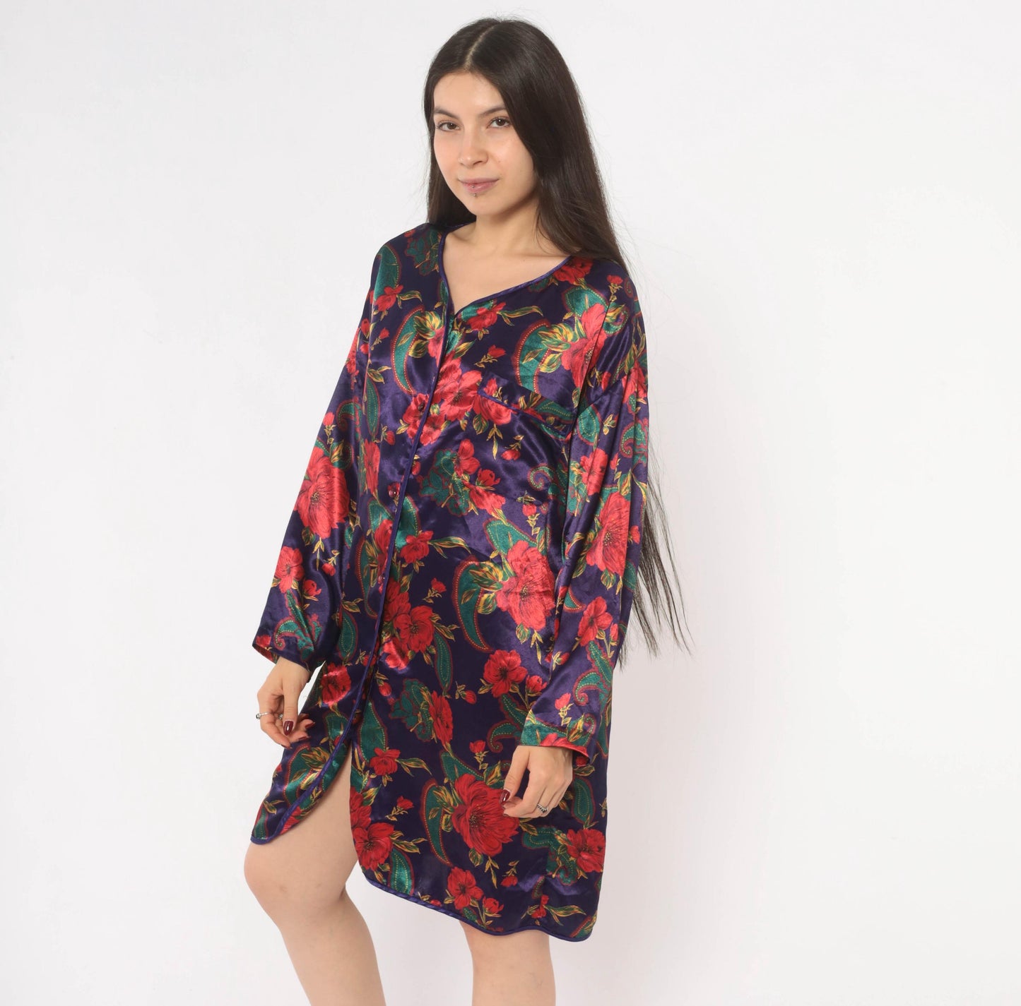 90s Satin and Beaux Floral Paisley Nightshirt Purple Red Teal Knee-Length Small