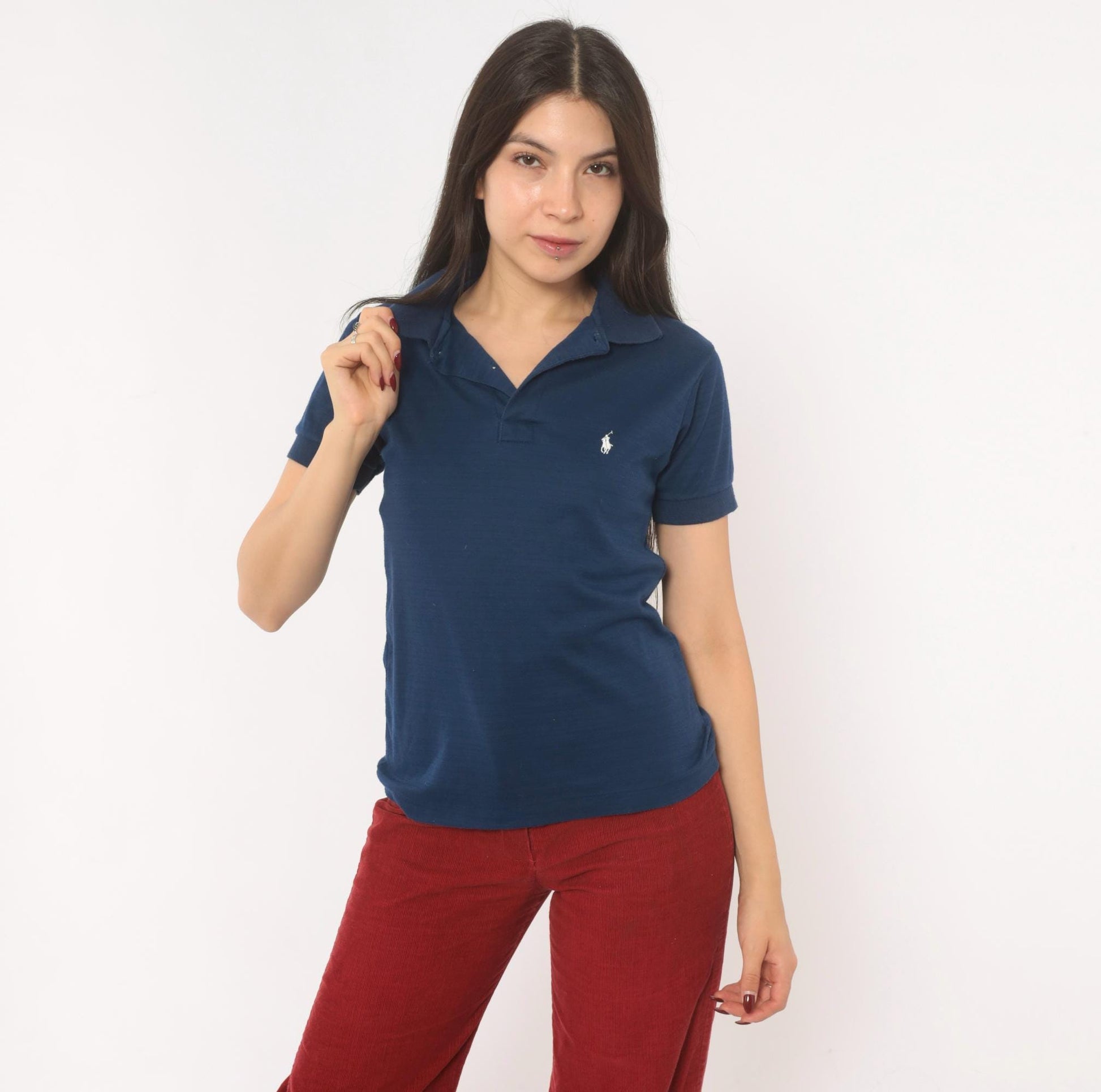 90s Ralph Lauren Polo Navy Cotton Short Sleeve V-Neck Shirt White Logo Extra Small XS