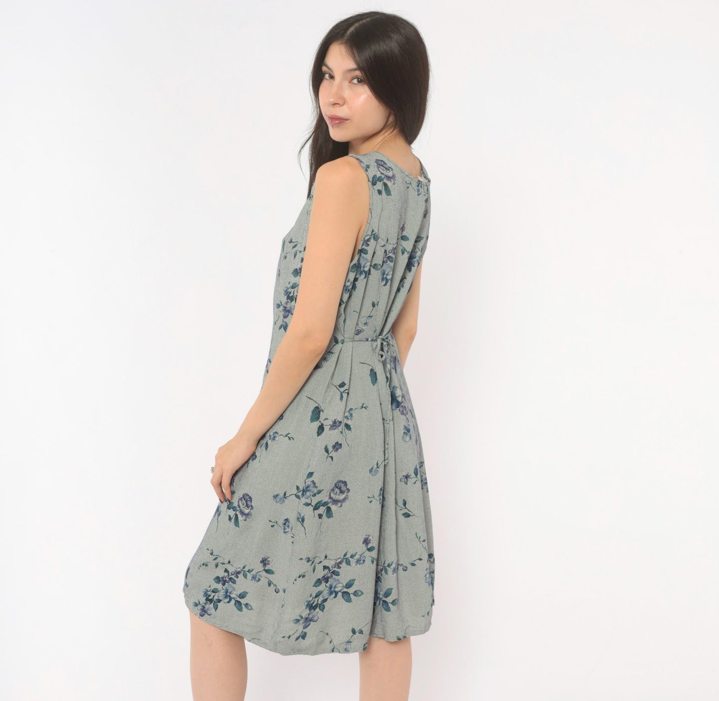 90s Floral Gingham Sundress Blue Rose Print Knee Length A-Line Medium M