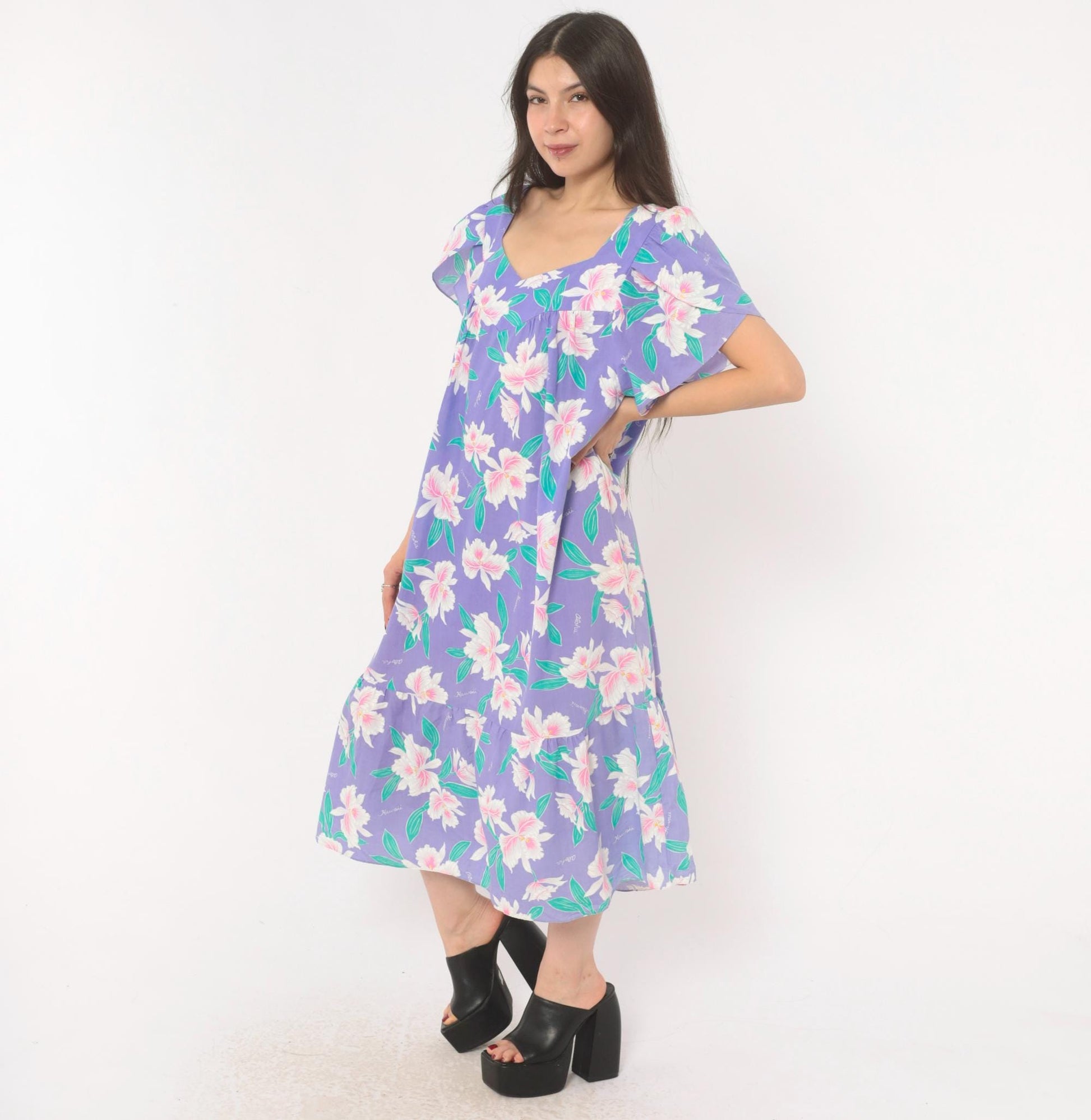 80s Jade Fashions Hawaiian Muumuu Dress Purple Orchid Floral Plus Size XXL