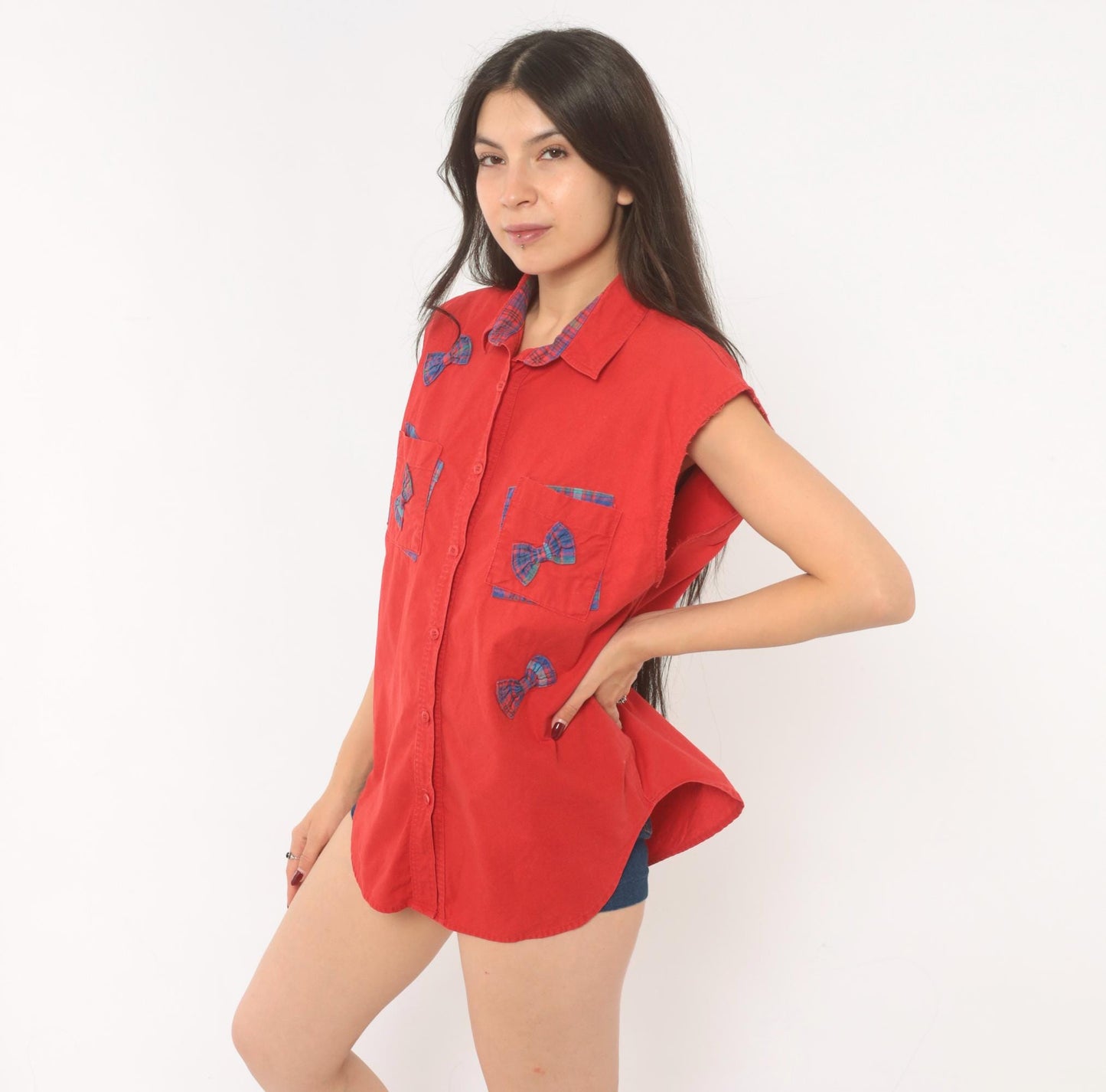 90s Cricket by the Creek Red Plaid Bow Applique Sleeveless Blouse Large L