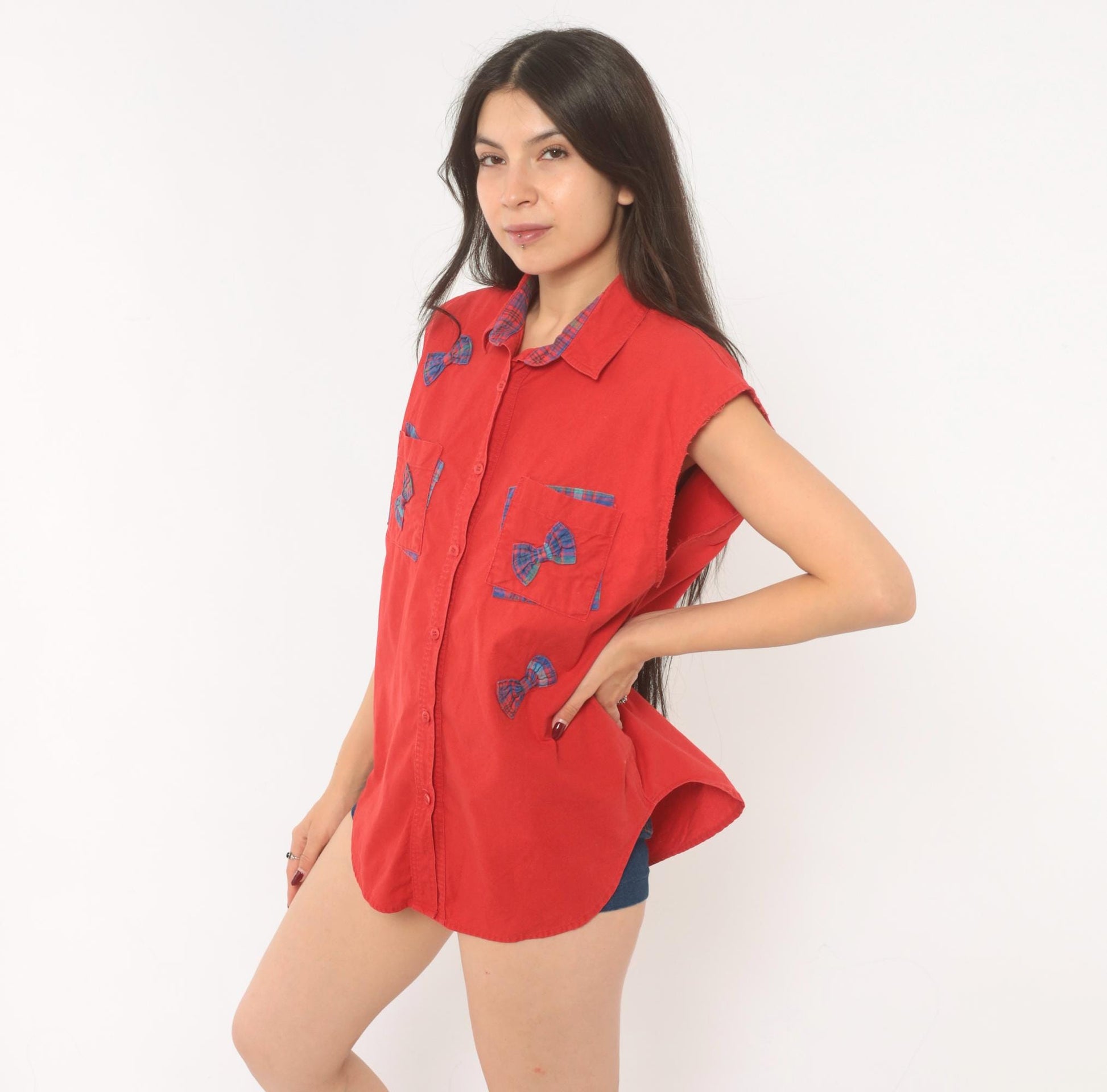 90s Cricket by the Creek Red Plaid Bow Applique Sleeveless Blouse Large L