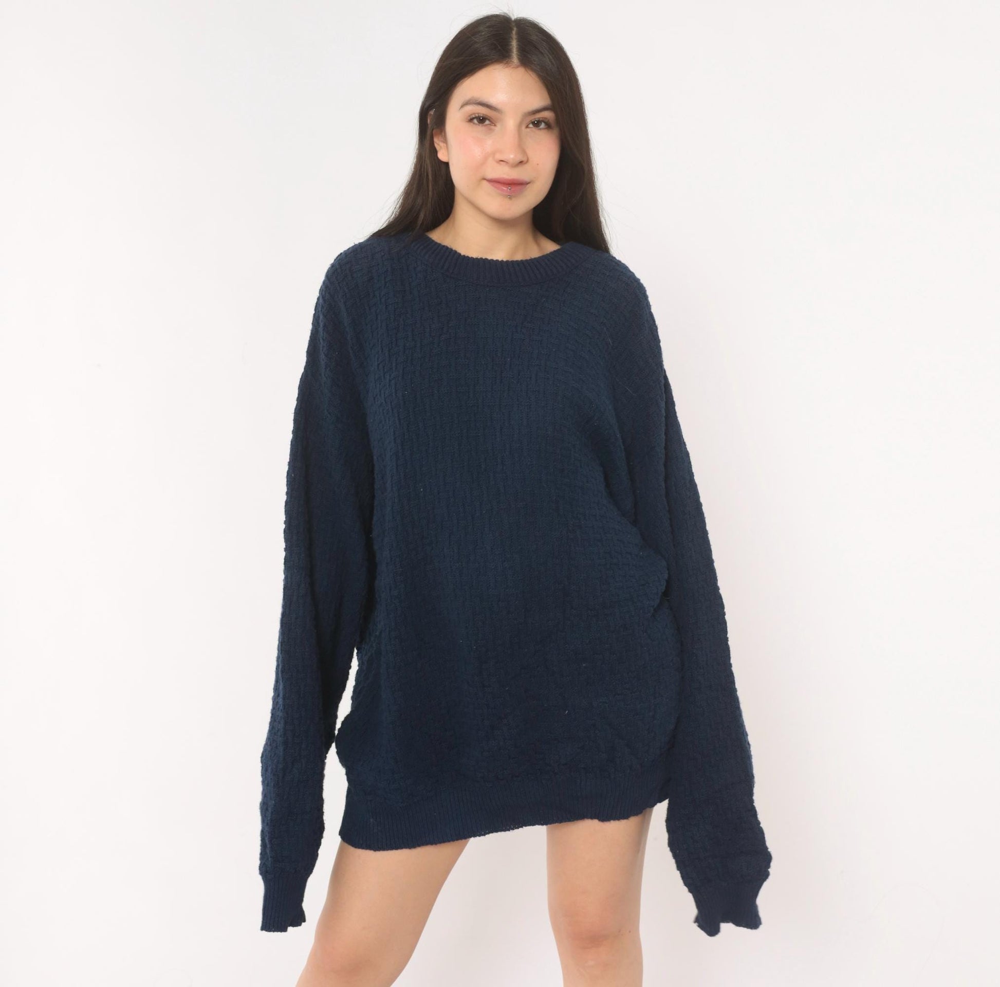90s Van Heusen Navy Cable Knit Sweater Cotton Crewneck Pullover Large L