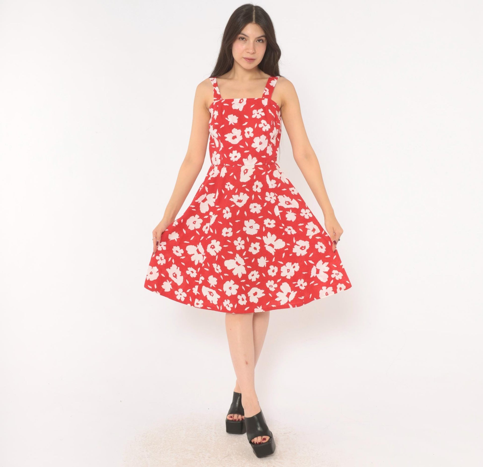 80s Red Floral Cotton Sundress White Square Neck A-Line Knee Length Extra Small XS