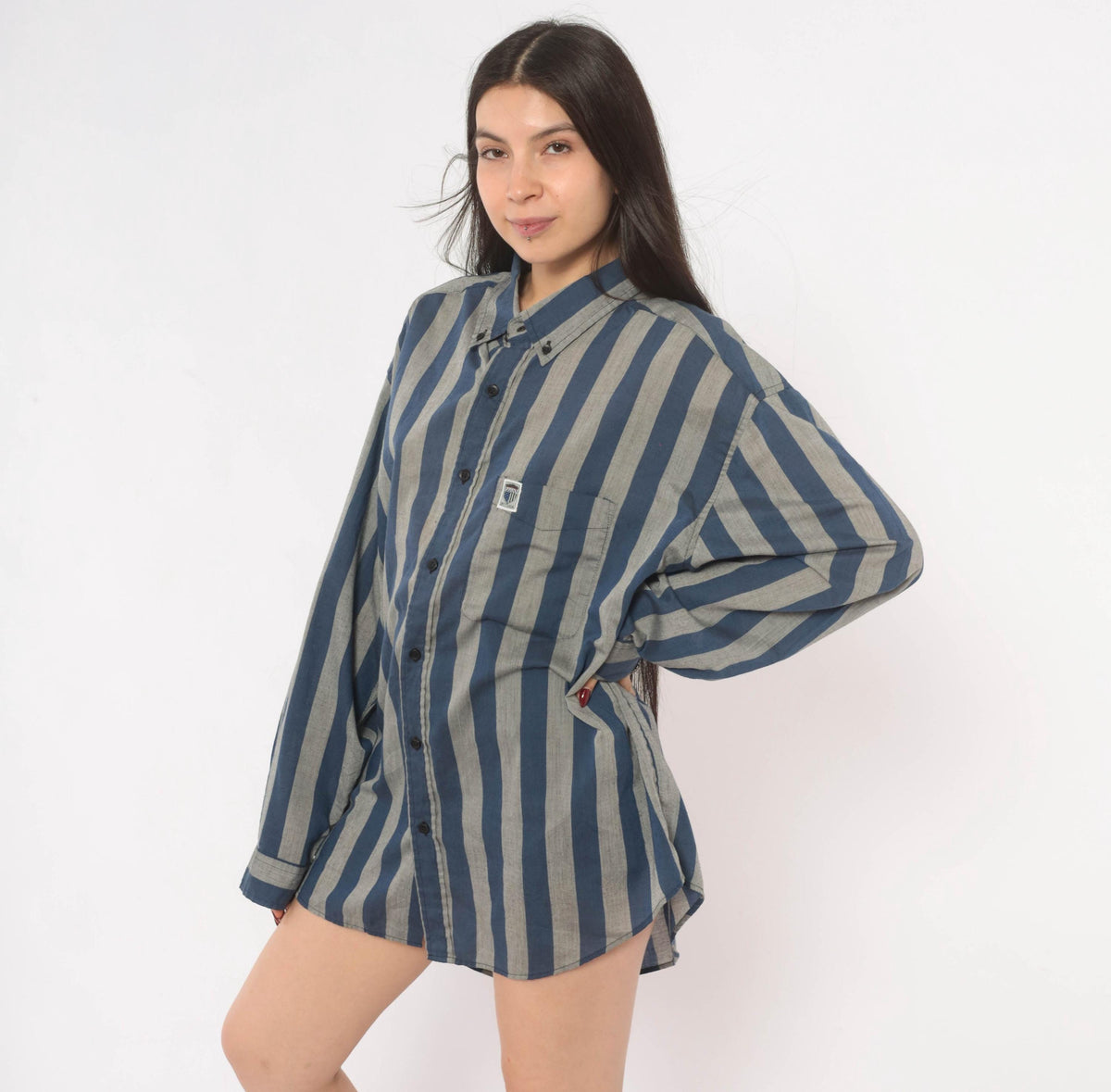 80s Brittania Striped Button Down Navy Grey Vertical Stripe Shirt Plus Size XXL
