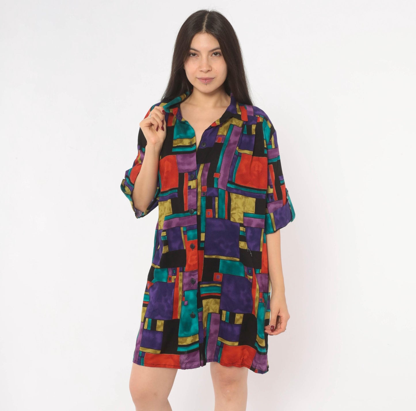 90s A Personal Touch Color Block Abstract Shirt Purple Teal Red Gold Extra Large XL