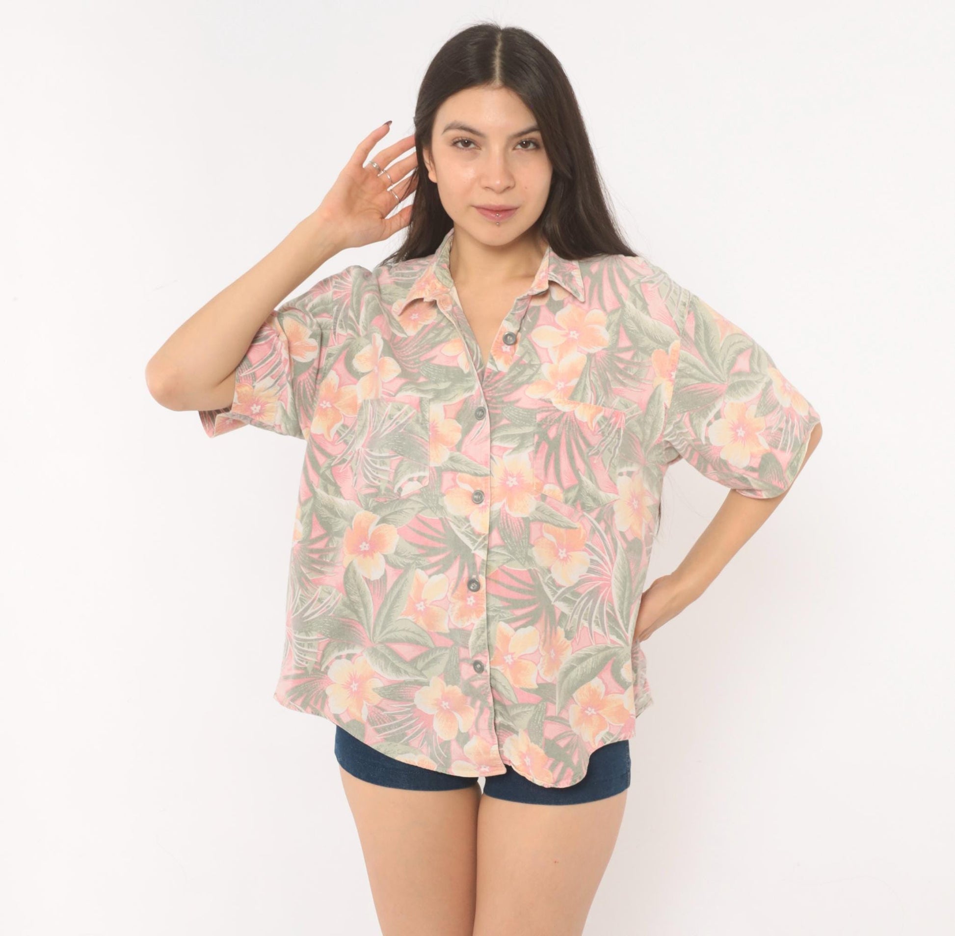 90s Essentials Sport Hawaiian Shirt Pink Coral Floral Camp Collar Cotton Large L