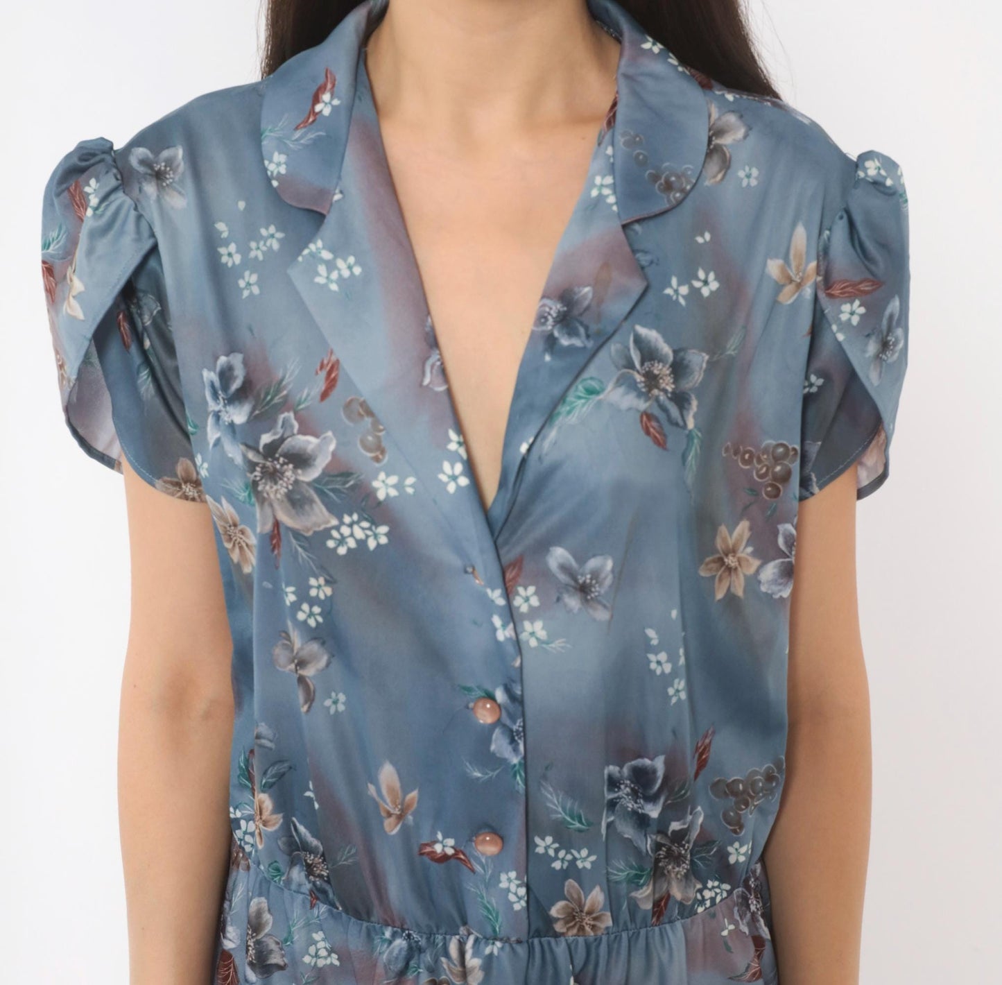 70s Slate Blue Floral Midi Shirtdress Puff Sleeve Notched Collar Large