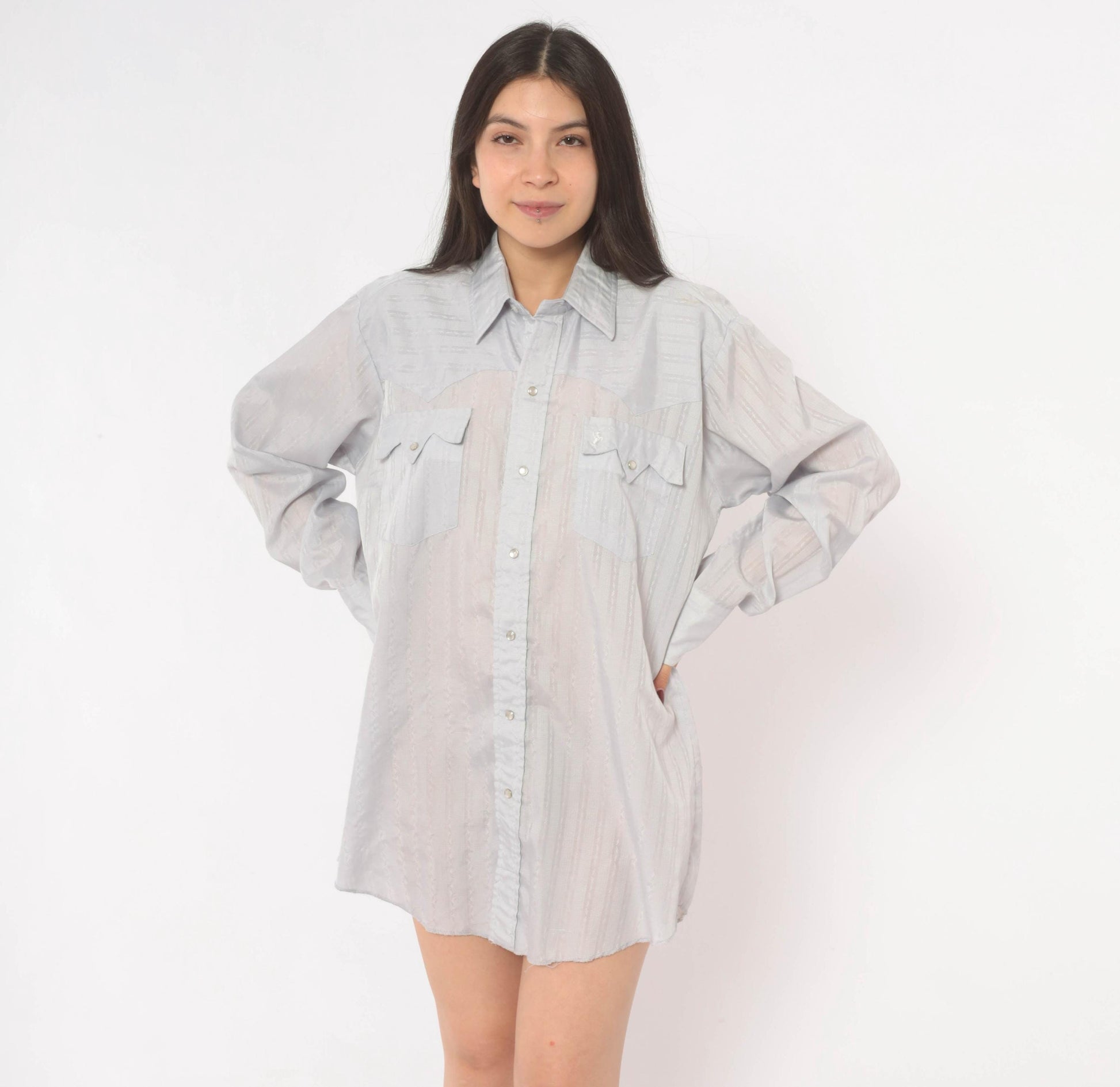 70s Prior Western Shirt Pearl Snap Pointed Collar Jacquard Stripe Blue Large L