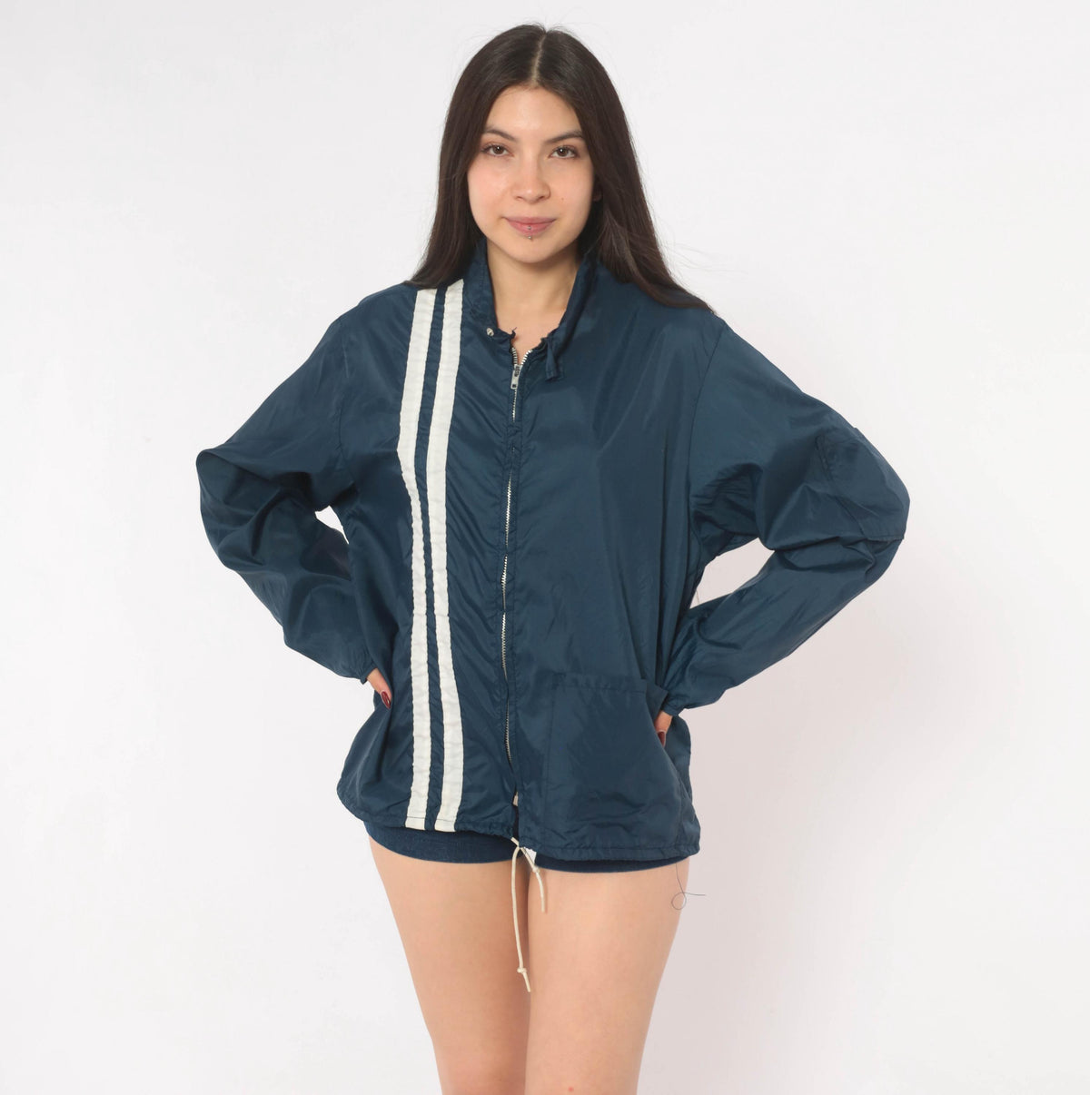 70s Sterling Pro Navy Windbreaker Racing Stripe Zip Jacket Small