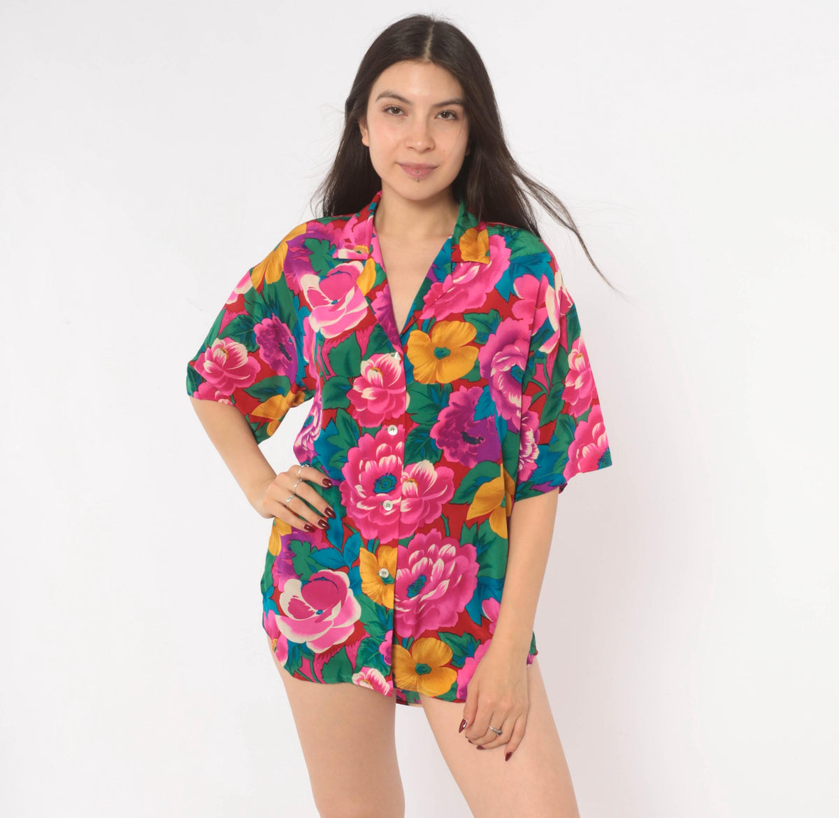 90s Heléne Sidel Silk Camp Collar Shirt Floral Fuchsia Small