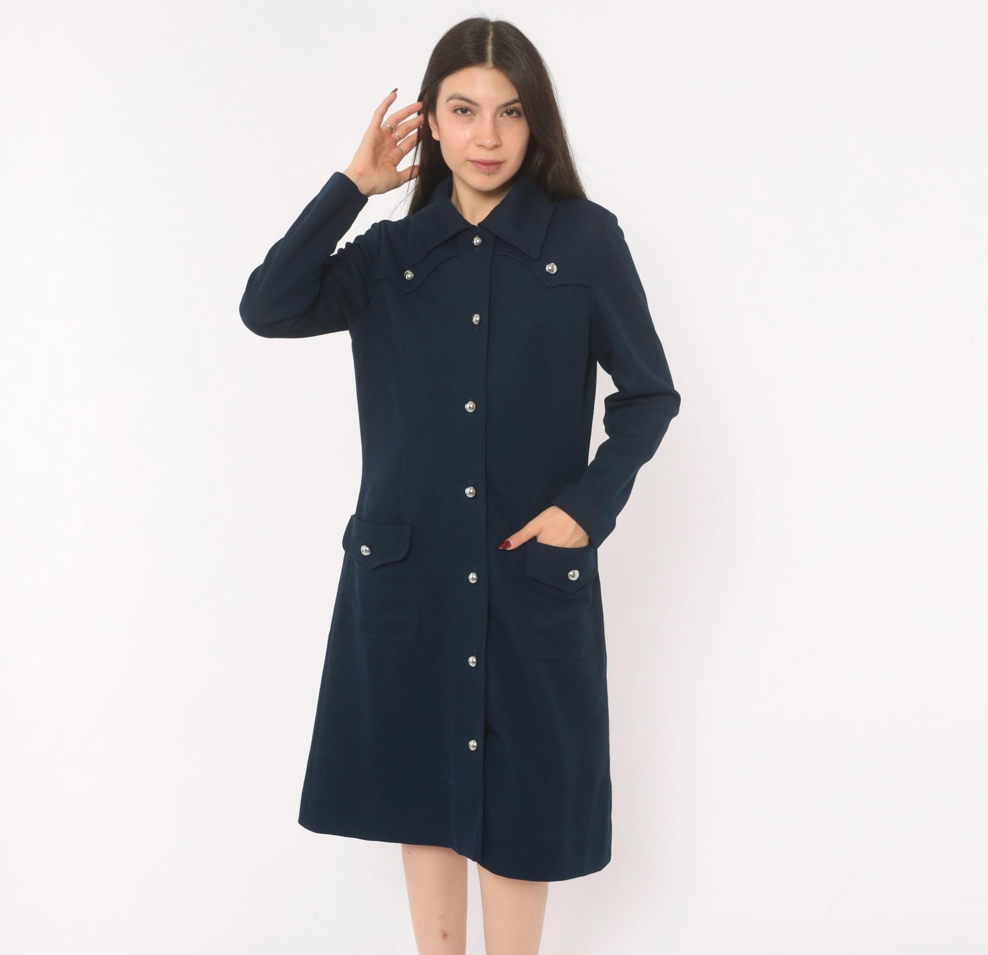 70s R & K Originals Navy Coat Dress Western Yoke Silver Buttons Medium