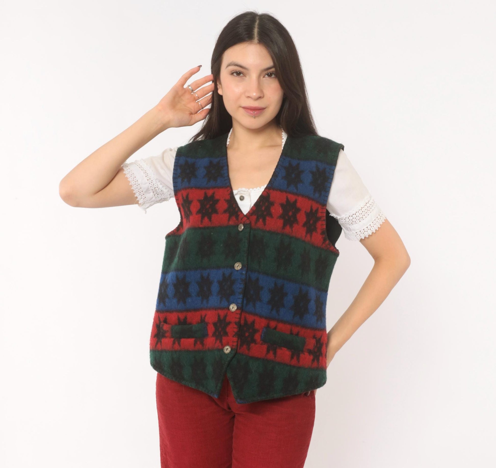 90s Erika Wool Vest Star Pattern Striped Navy Burgundy Forest Green Medium M