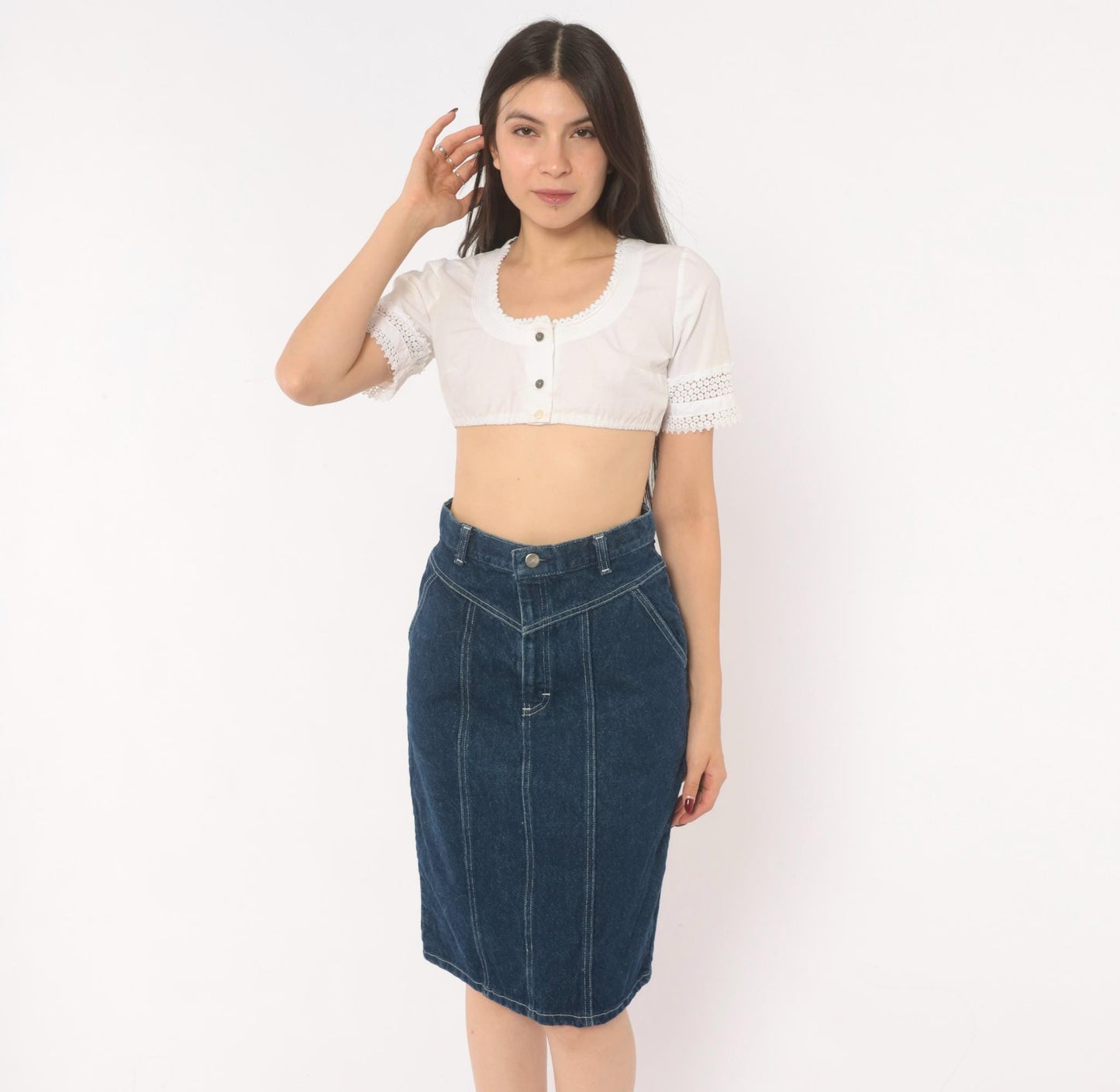 80s Cheryl Tiegs Denim Pencil Skirt High Waist Dark Wash Western Yoke Small S