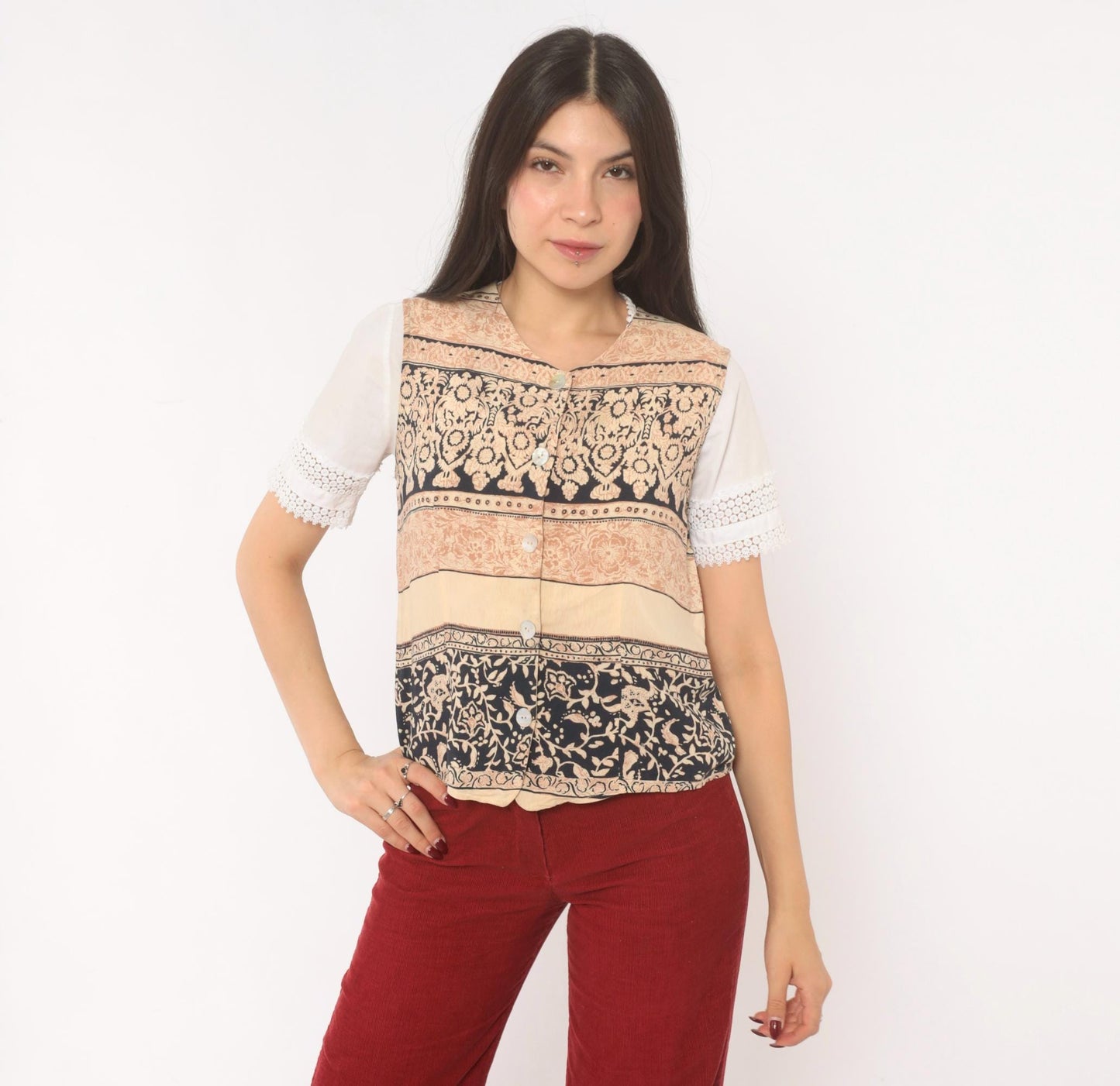 90s L'Amadei Block Print Vest Cream Navy Floral Damask Small S