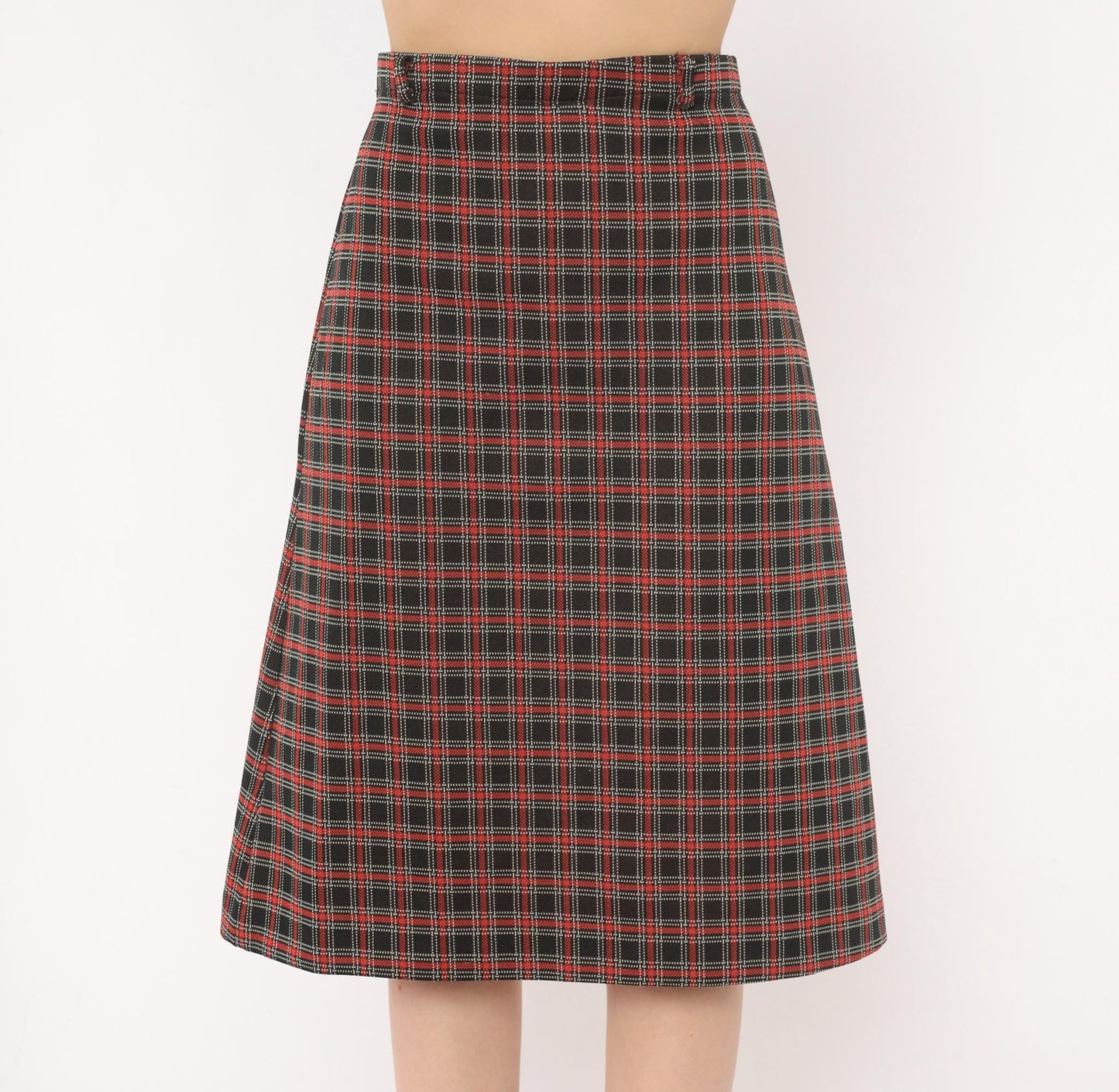 70s Black Red Tartan A-Line Skirt Knee-Length Plaid Preppy Medium