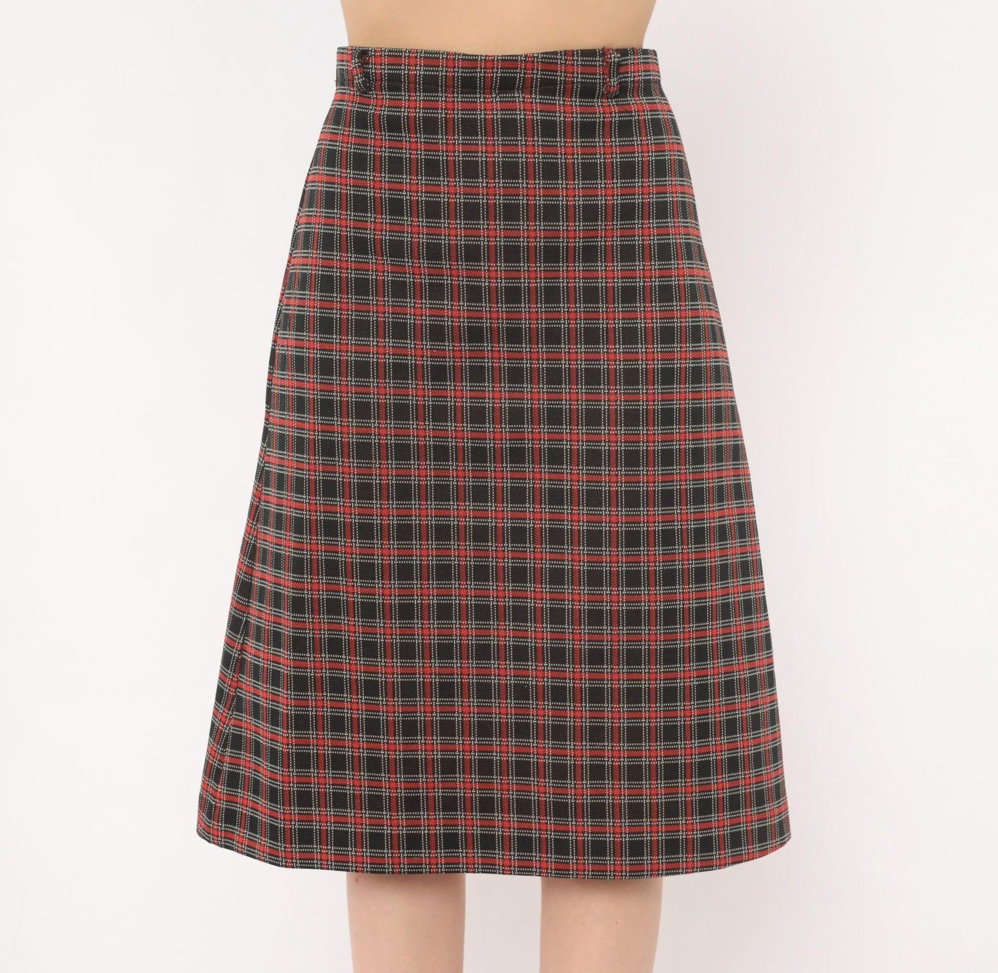 70s Black Red Tartan A-Line Skirt Knee-Length Plaid Preppy Medium