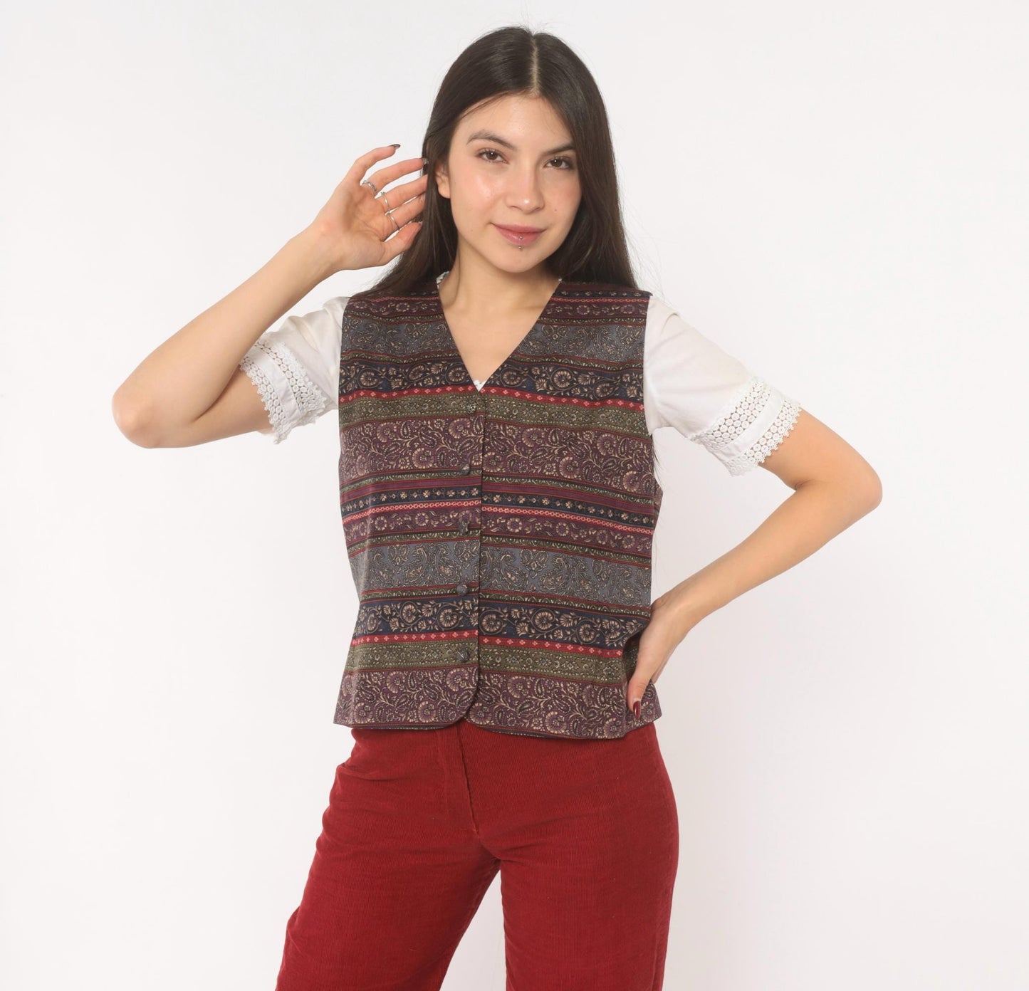 90s Talbots Paisley Silk Vest V-Neck Plum Navy Jacquard Medium M