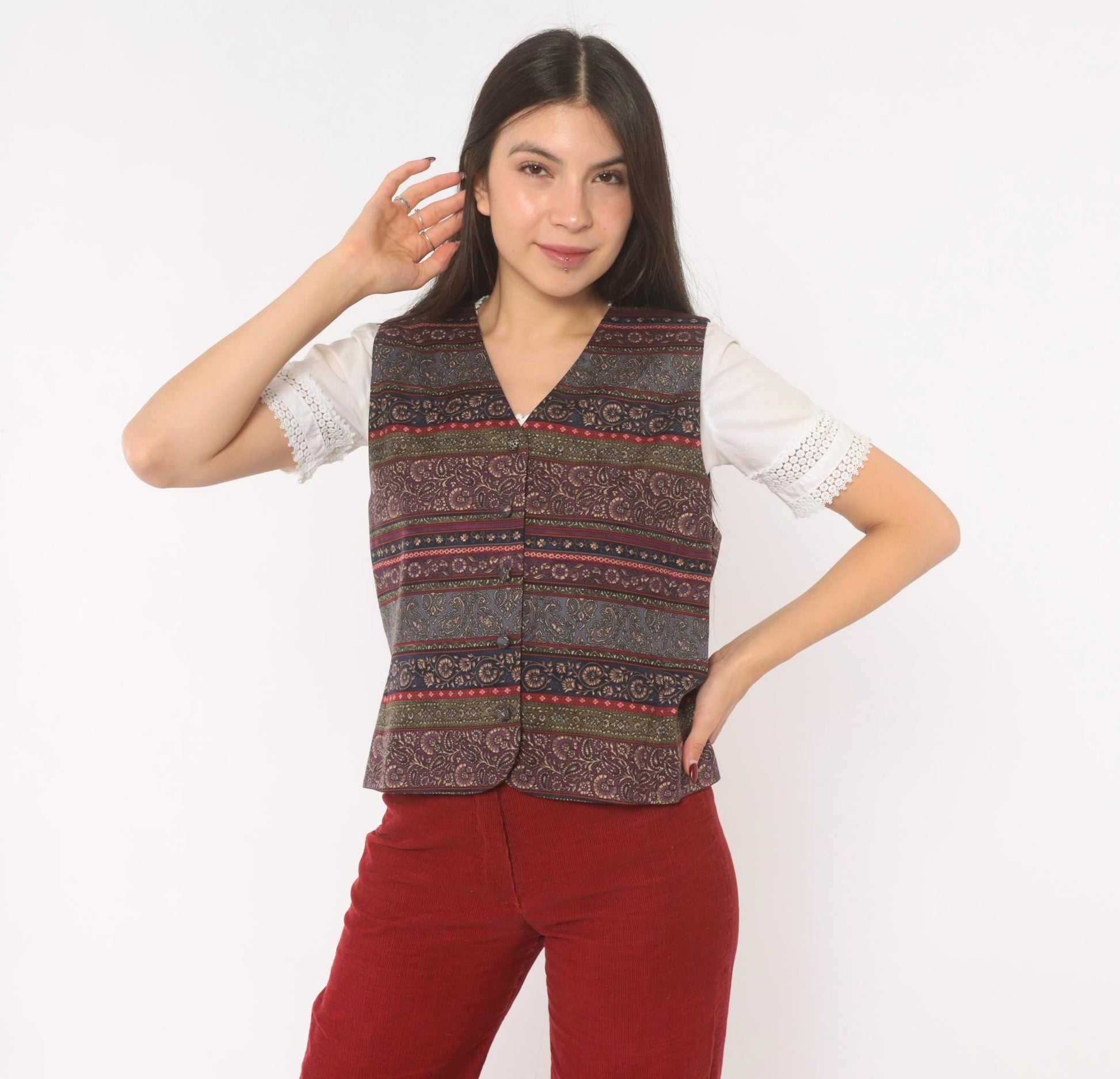 90s Talbots Paisley Silk Vest V-Neck Plum Navy Jacquard Medium M