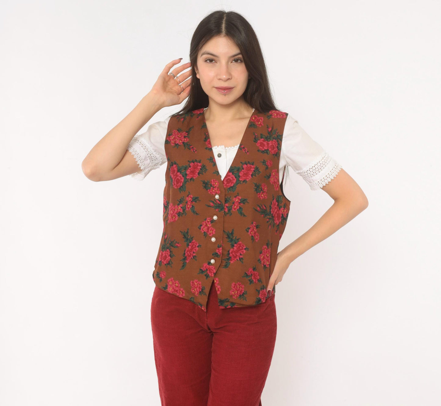 90s Karen Scott Floral Vest Brown Pink Rose Button Front Tie Back Small