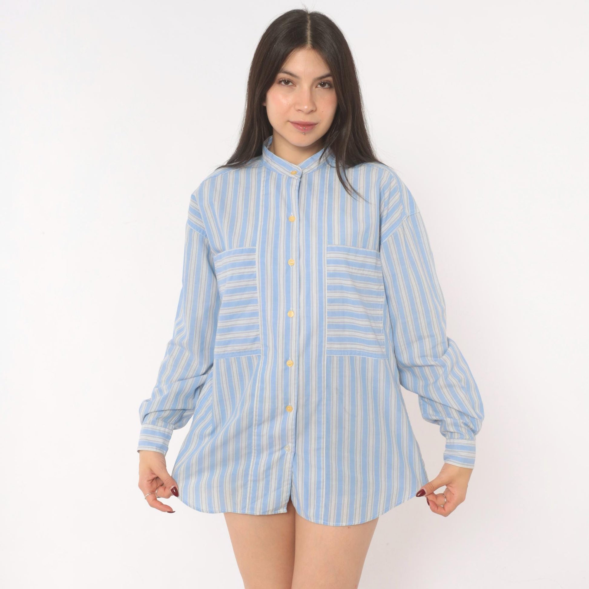 90s Gap Blue White Striped Shirt Band Collar Cotton Blouse Medium M