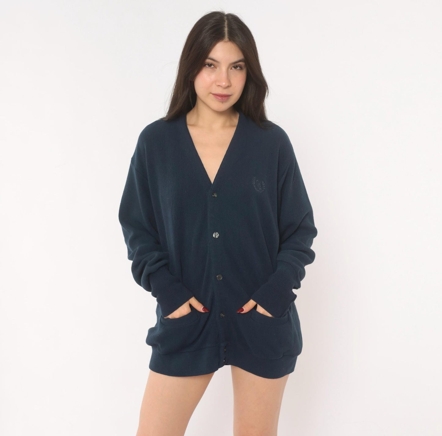 Geoffrey Beene Navy Cardigan V-Neck Button Front Knit Sweater Medium M