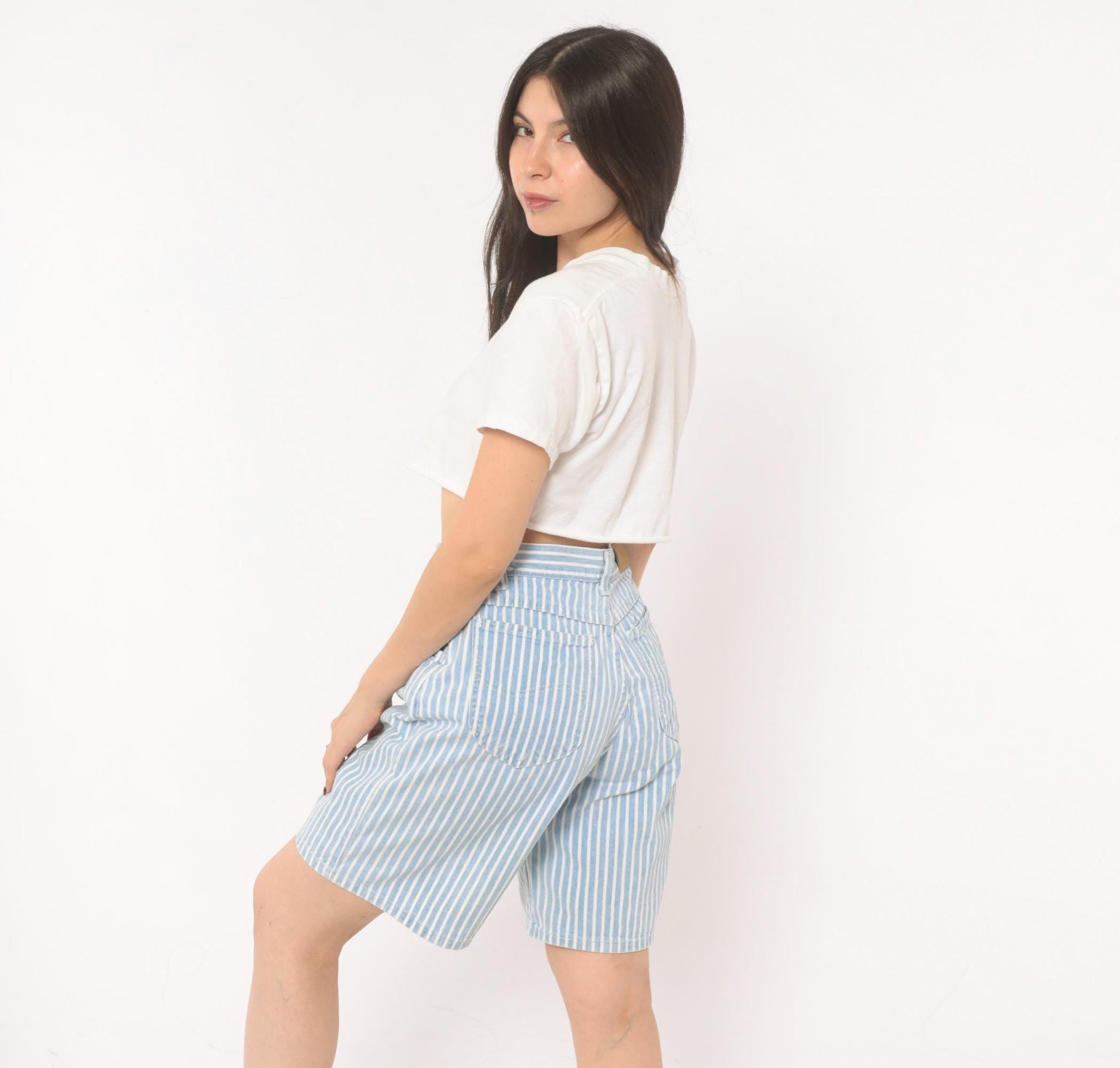 90s Lee High Waist Pinstriped Denim Shorts Blue White Bermuda Medium M