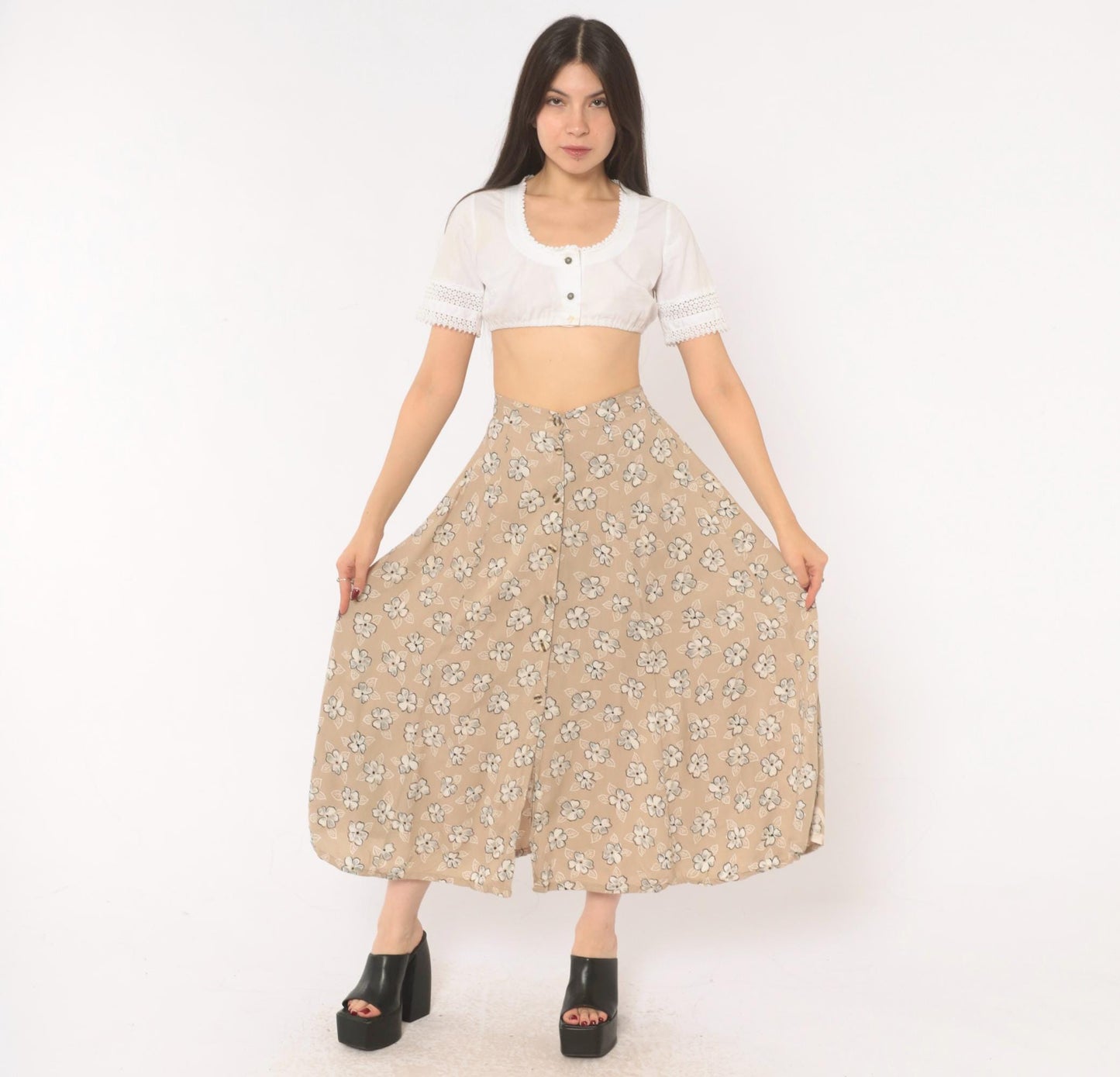 90s Tan Floral Maxi Skirt A-Line Button Front Elastic Waist Medium