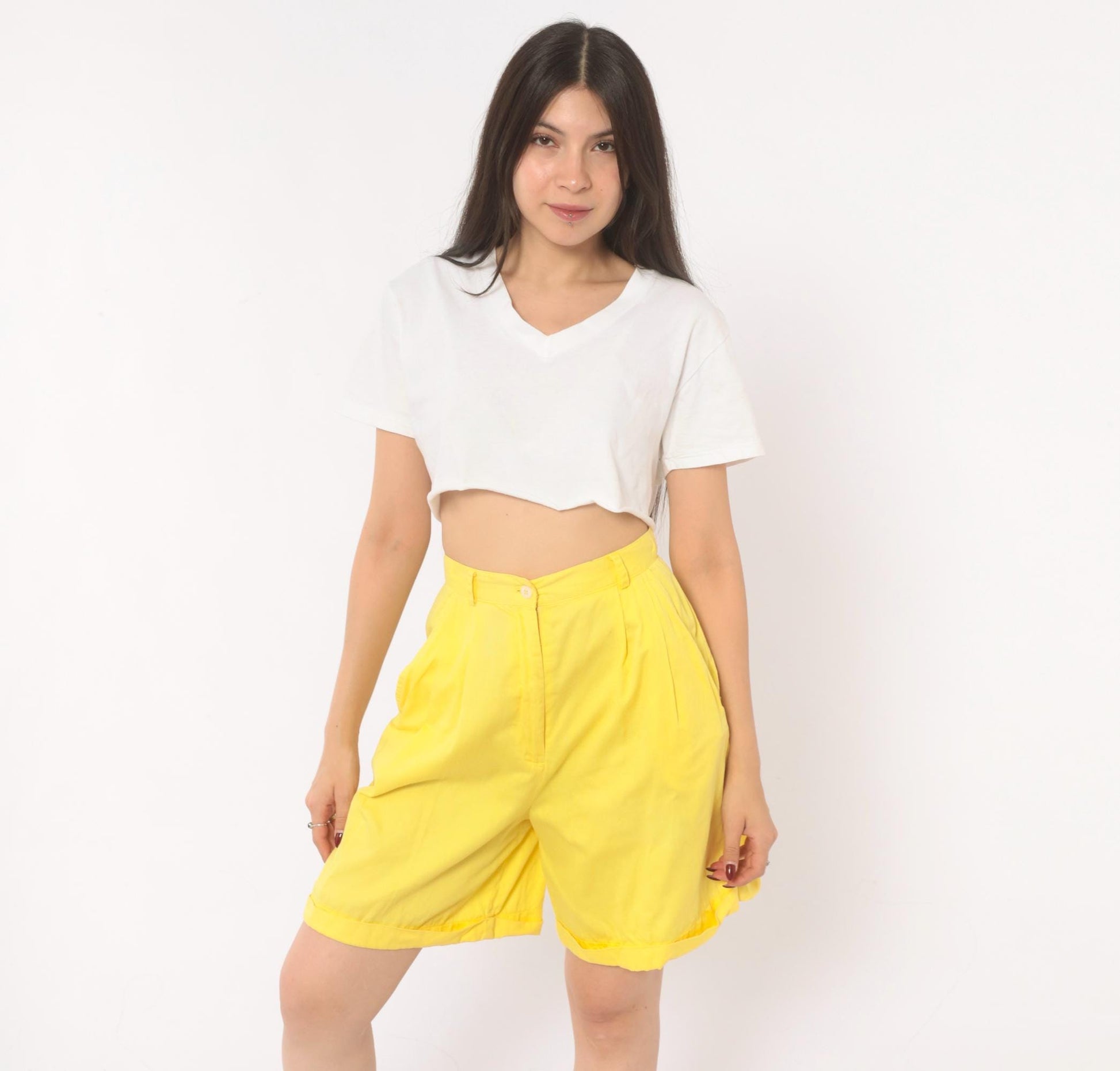 80s Jaclyn Smith Butter Yellow Pleated Bermuda Shorts High Waist Cotton Extra Small XS
