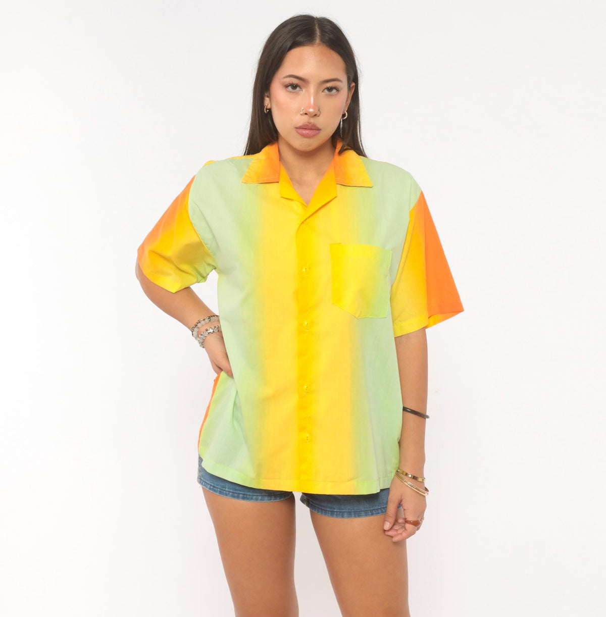 70s Gradient Camp Collar Shirt Orange Yellow Green Colorblock Medium
