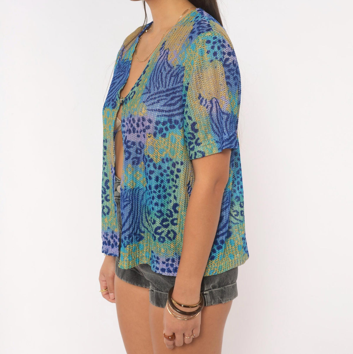 90s Miss Dorby Sheer Mesh Cardigan Tropical Leaf Leopard Print Teal Medium Large